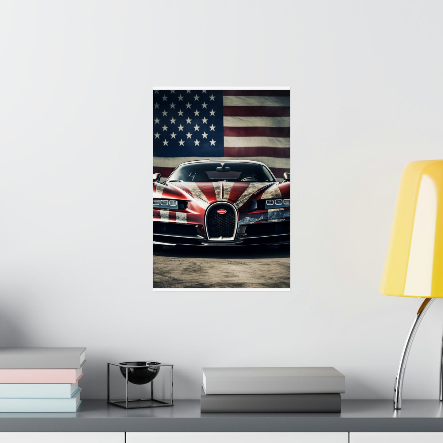 Premium Matte Vertical Posters American Flag Background Bugatti 3