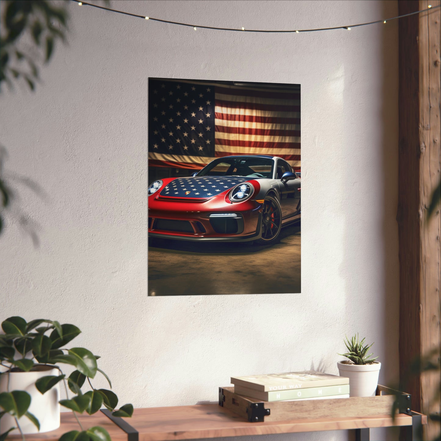 Premium Matte Vertical Posters American Flag Background Porsche 1