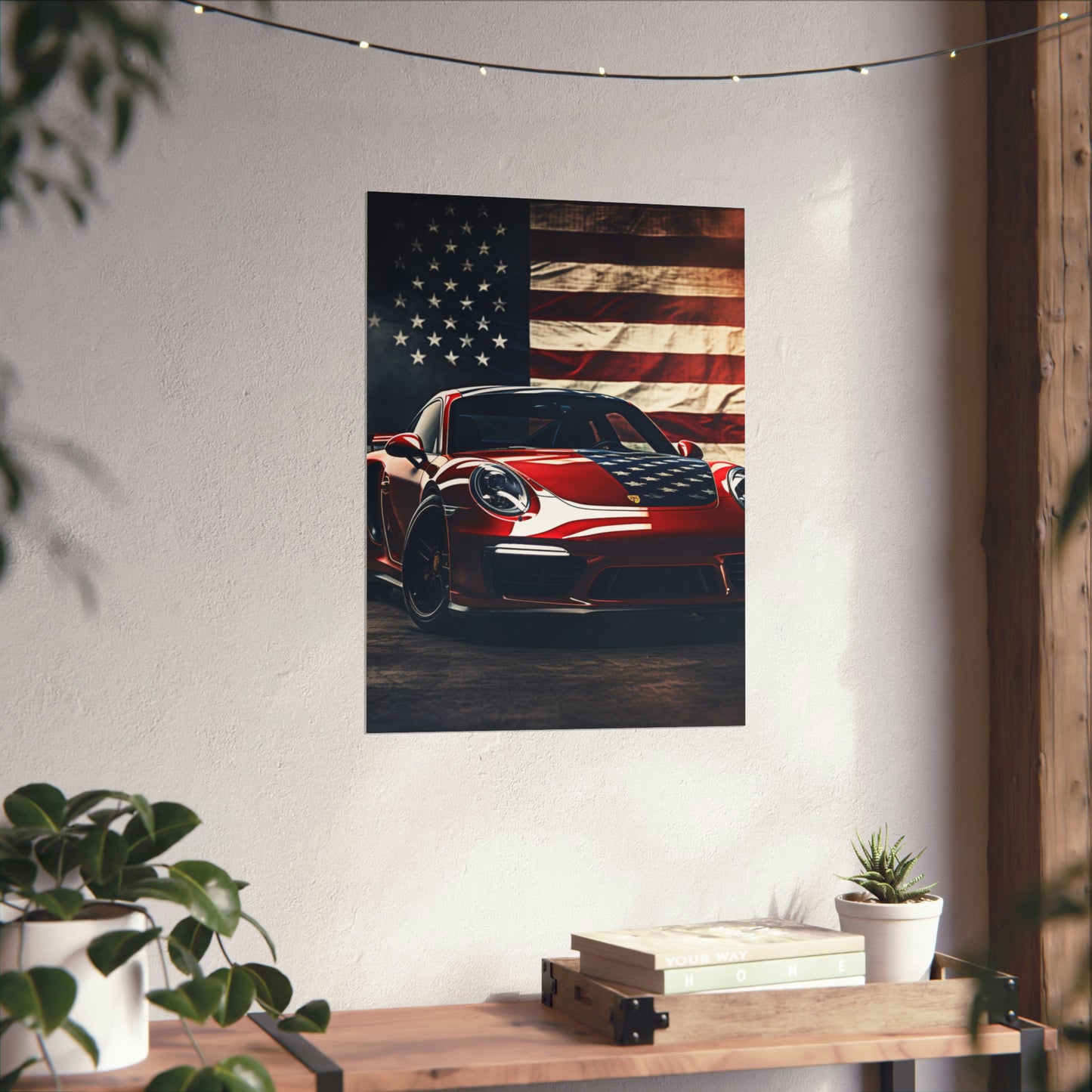 Premium Matte Vertical Posters American Flag Background Porsche 2