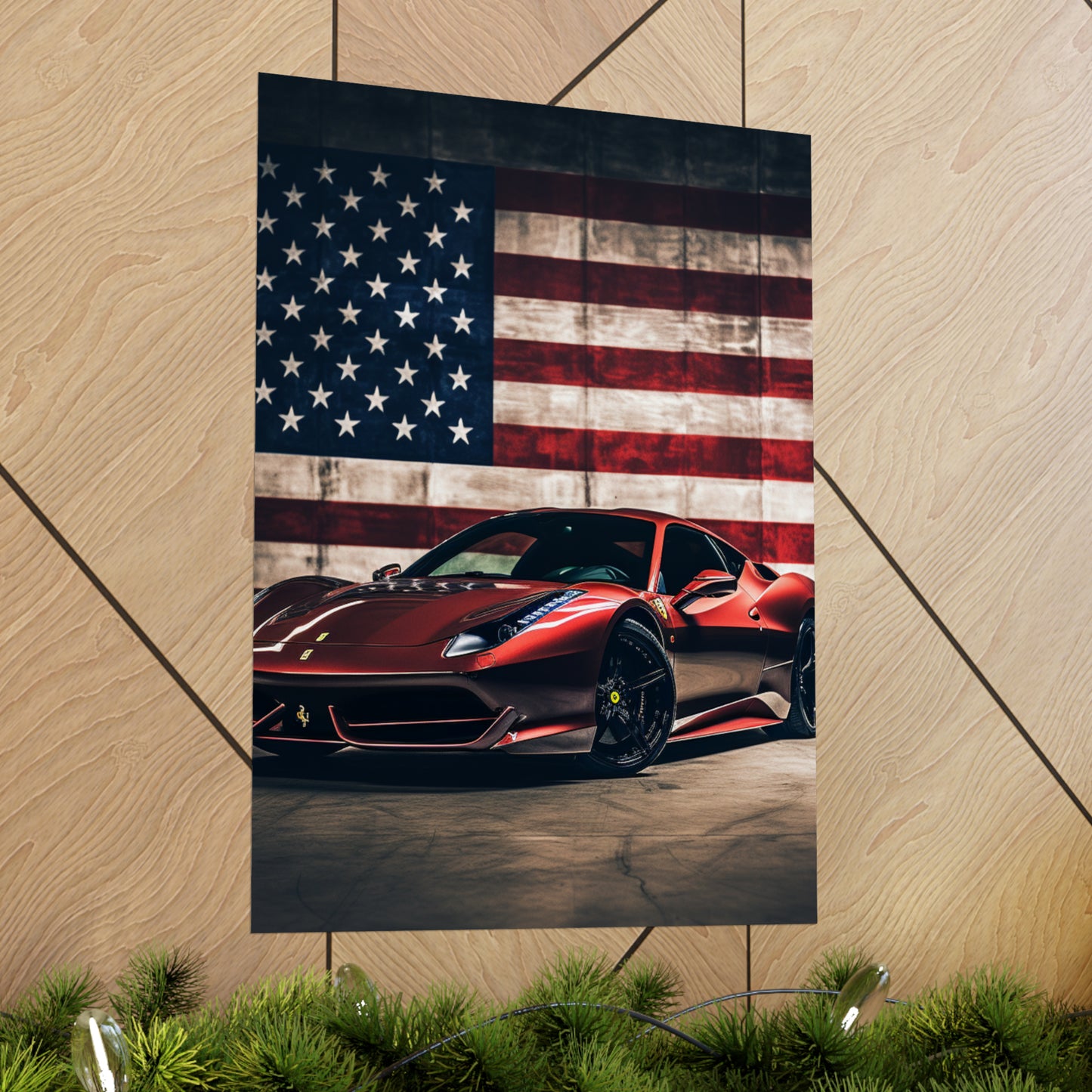 Premium Matte Vertical Posters American Flag Background Ferrari 4