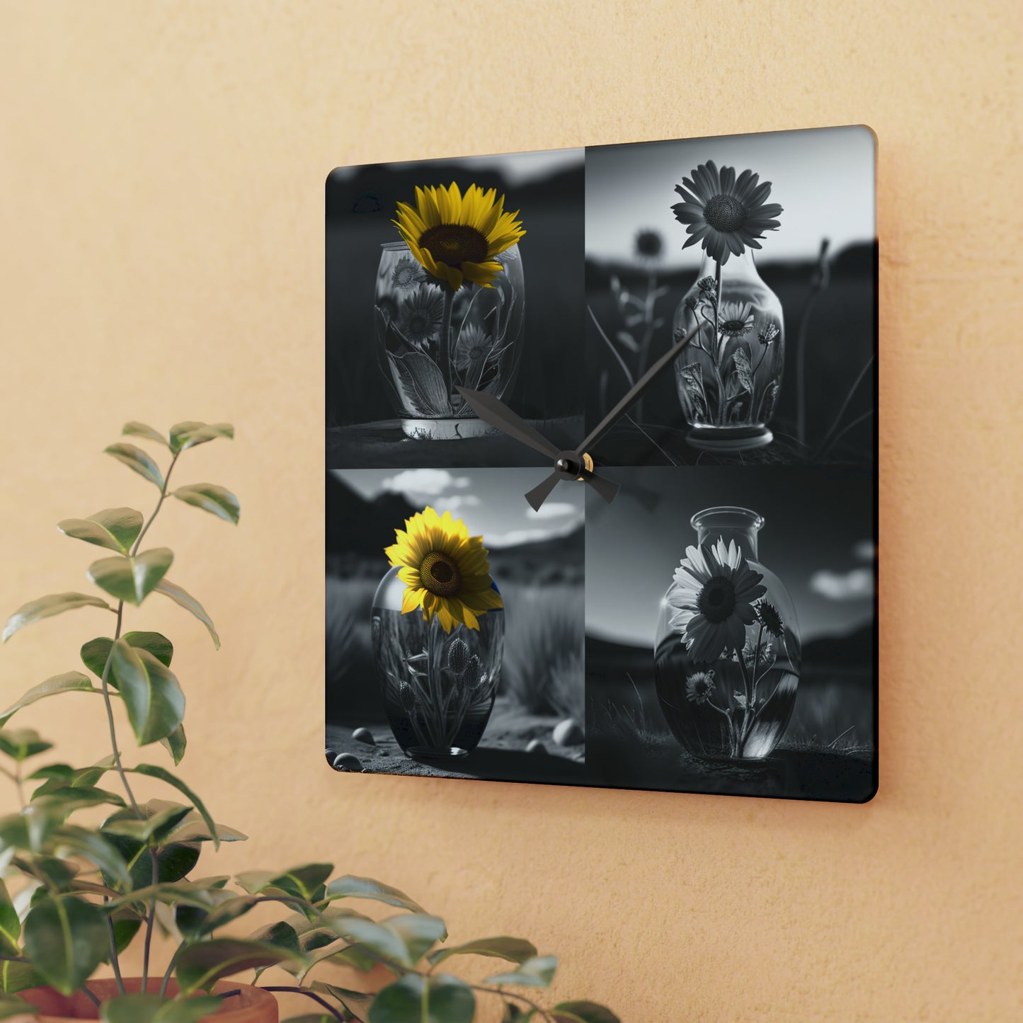 Acrylic Wall Clock Yellw Sunflower in a vase 5