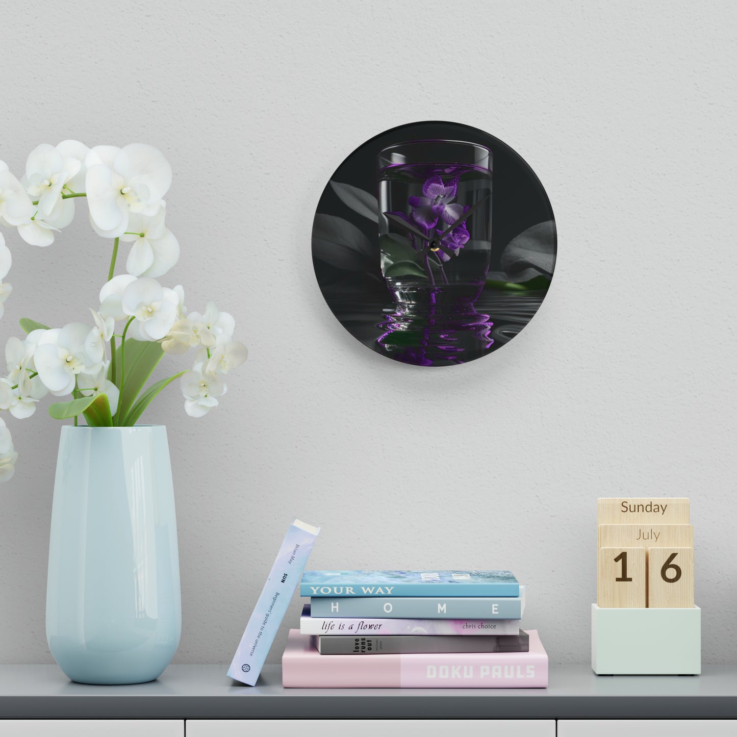 Acrylic Wall Clock Purple Orchid Glass vase 1