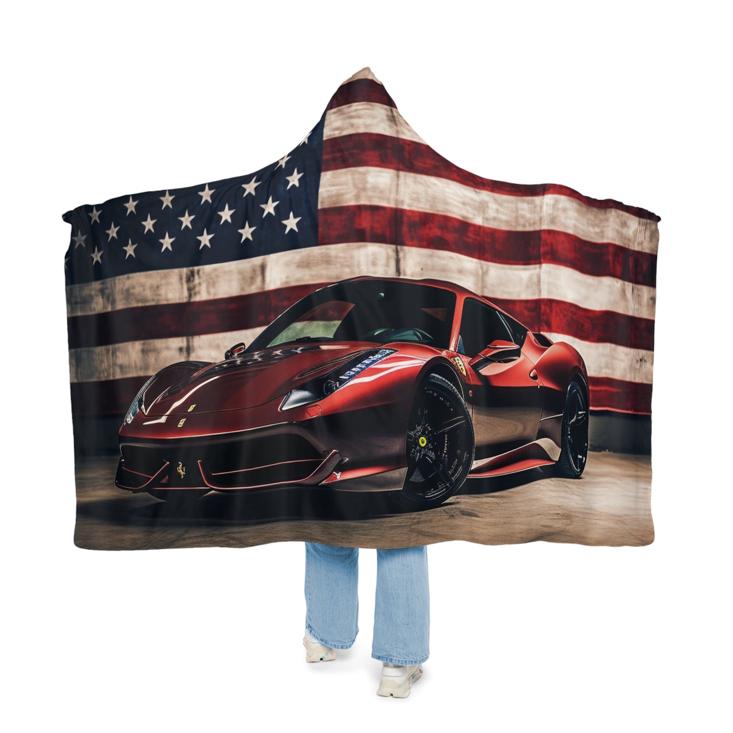 Snuggle Hooded Blanket American Flag Background Ferrari 4