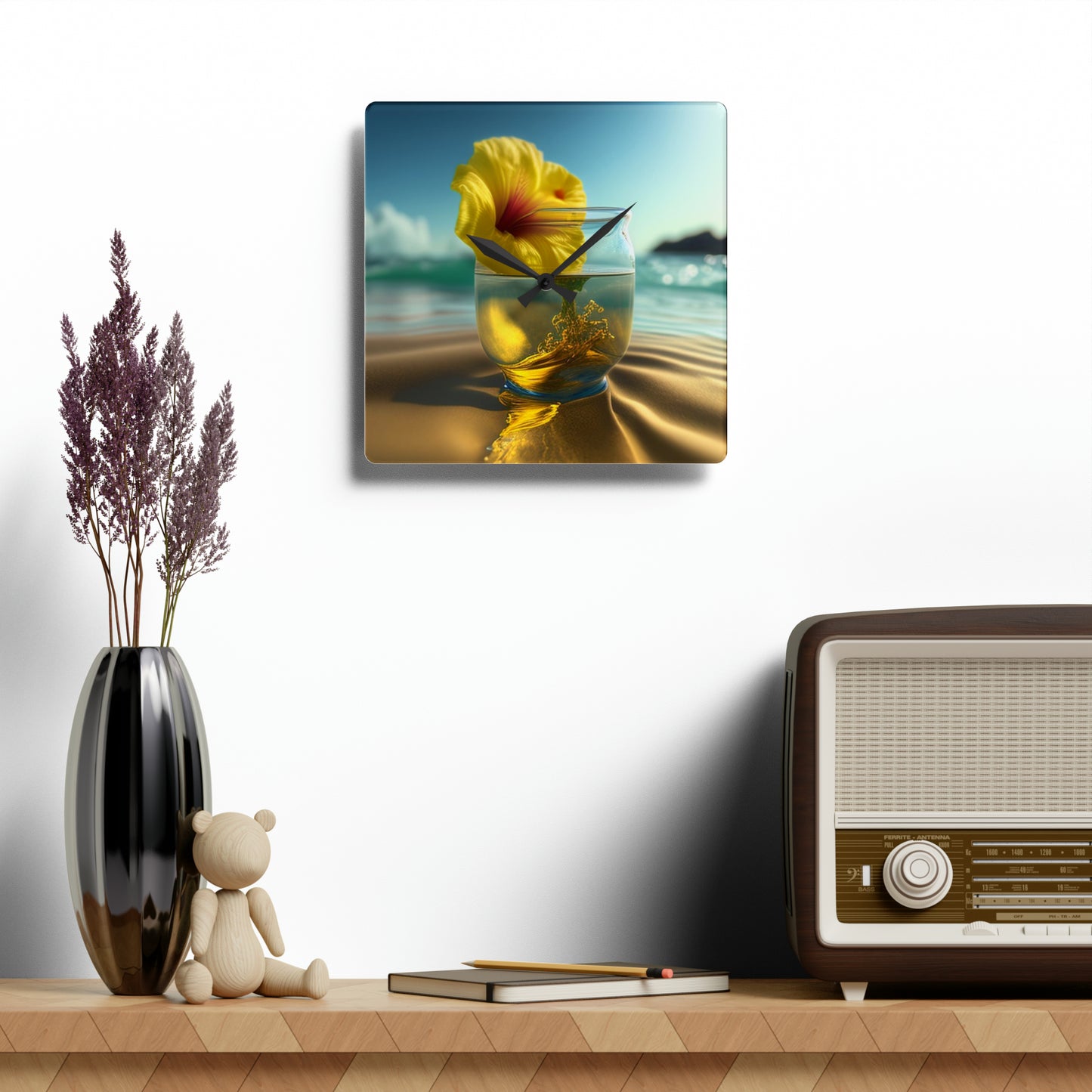 Acrylic Wall Clock Yellow Hibiscus glass 1