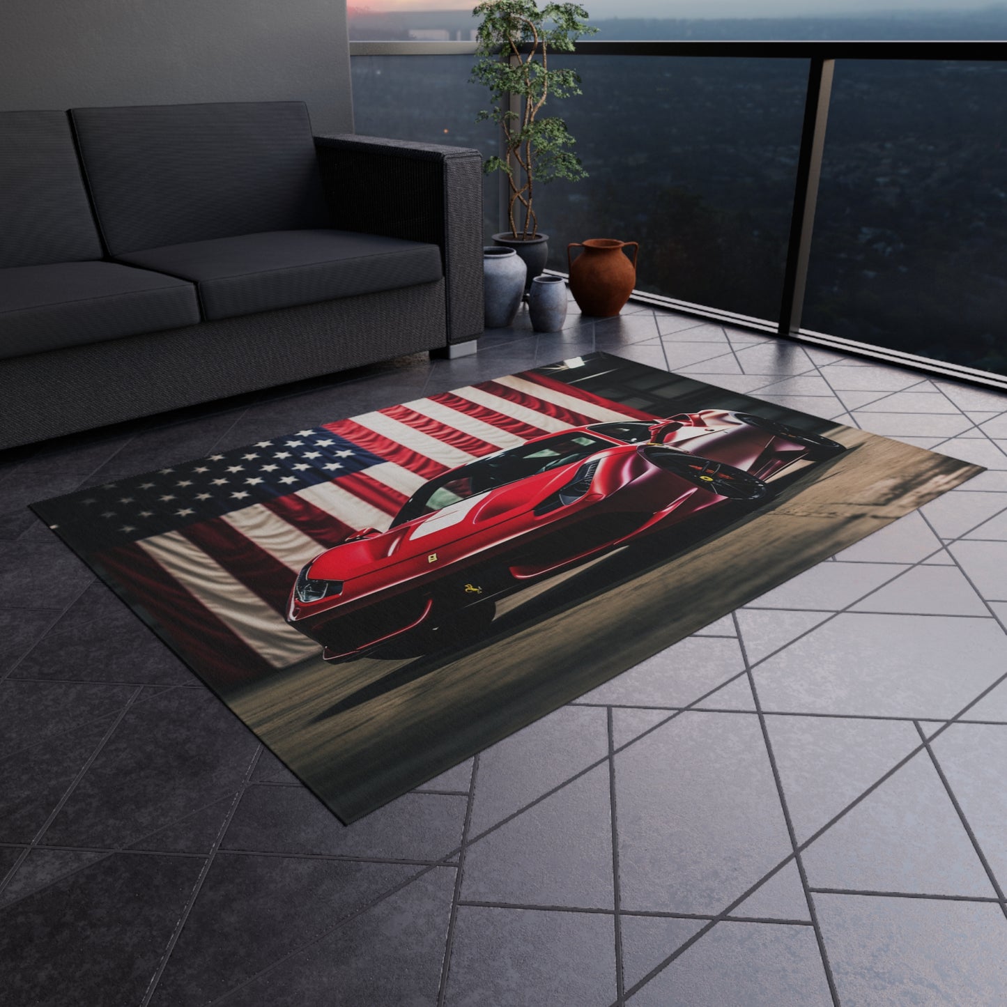 Outdoor Rug  American Flag Background Ferrari 3