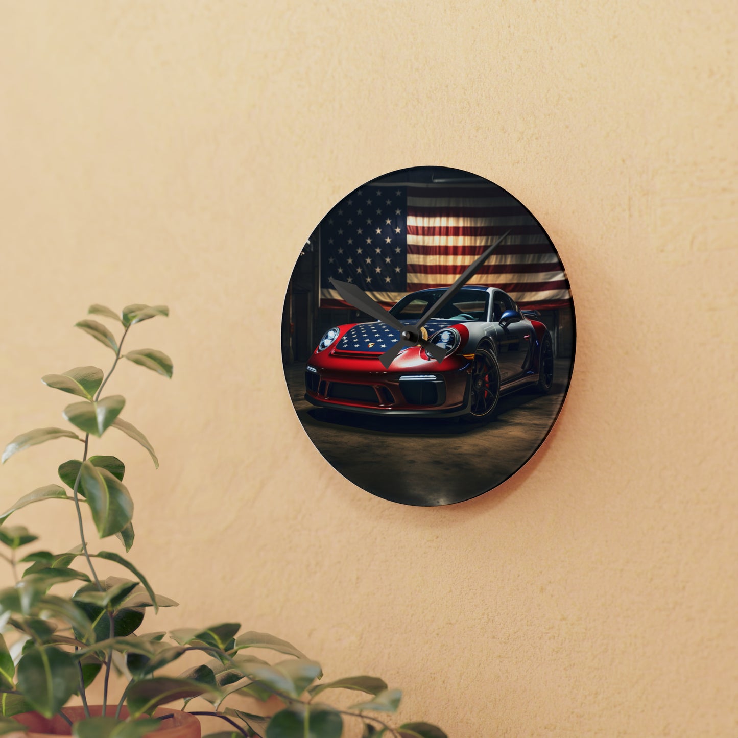 Acrylic Wall Clock American Flag Background Porsche 1