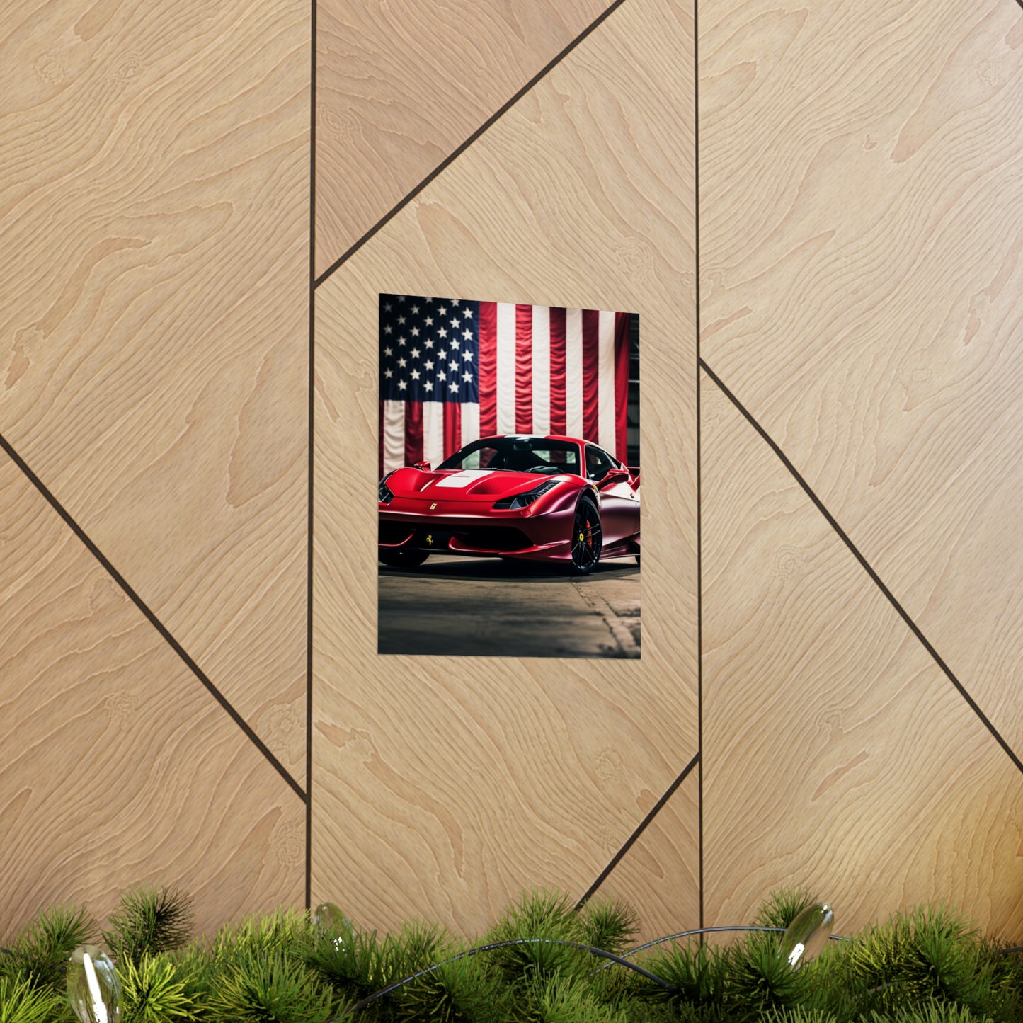 Premium Matte Vertical Posters American Flag Background Ferrari 3