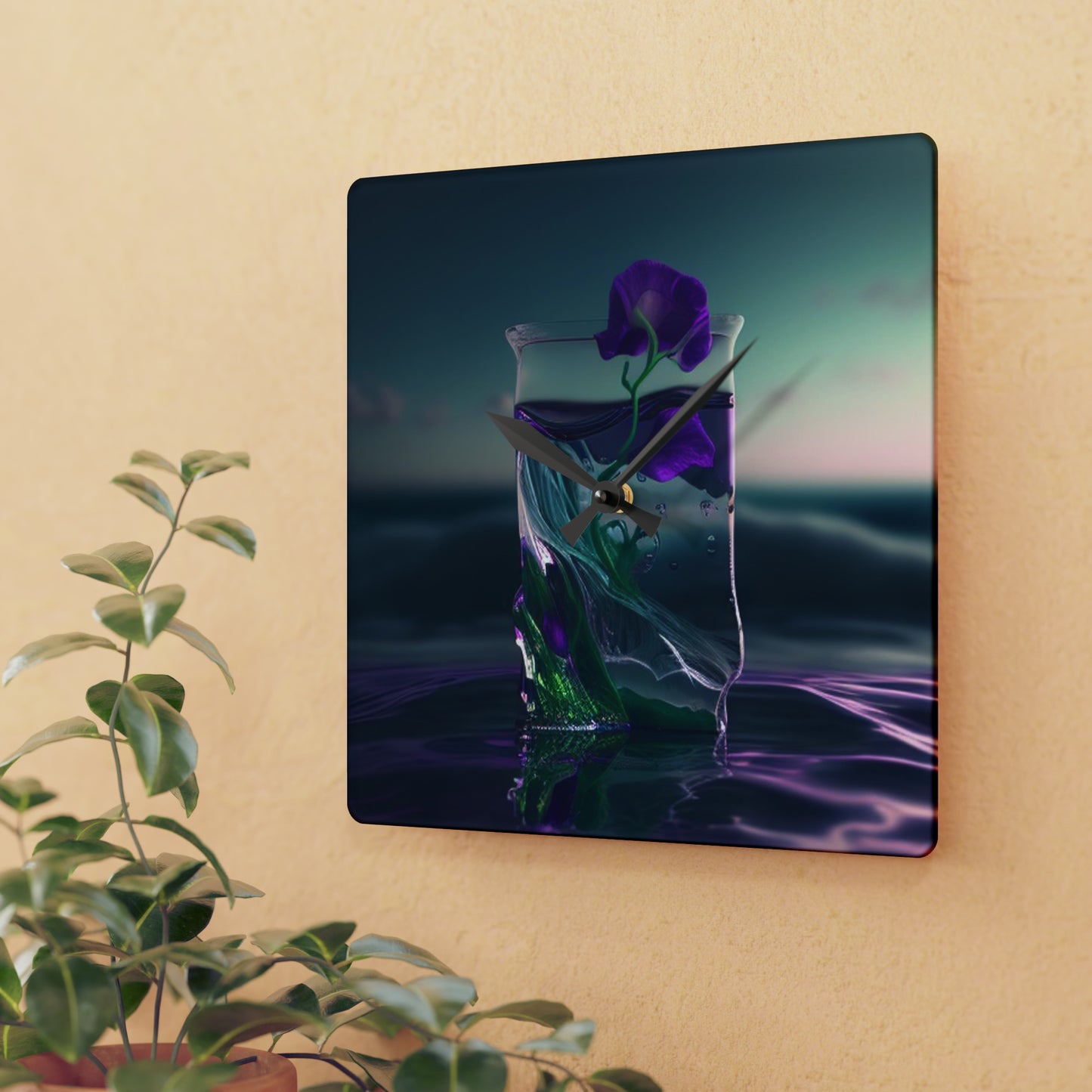 Acrylic Wall Clock Purple Sweet pea in a vase 3