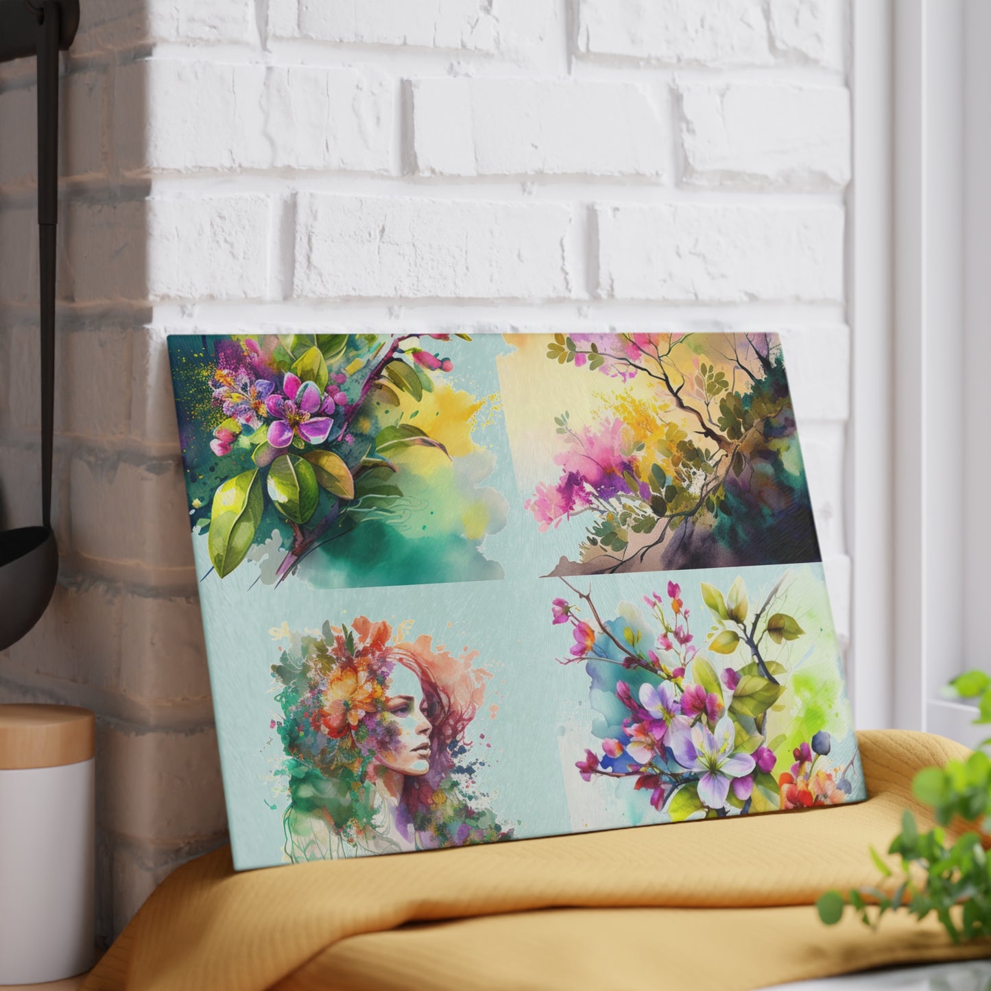 Glass Cutting Board Mother Nature Bright Spring Colors Realistic Watercolor 5