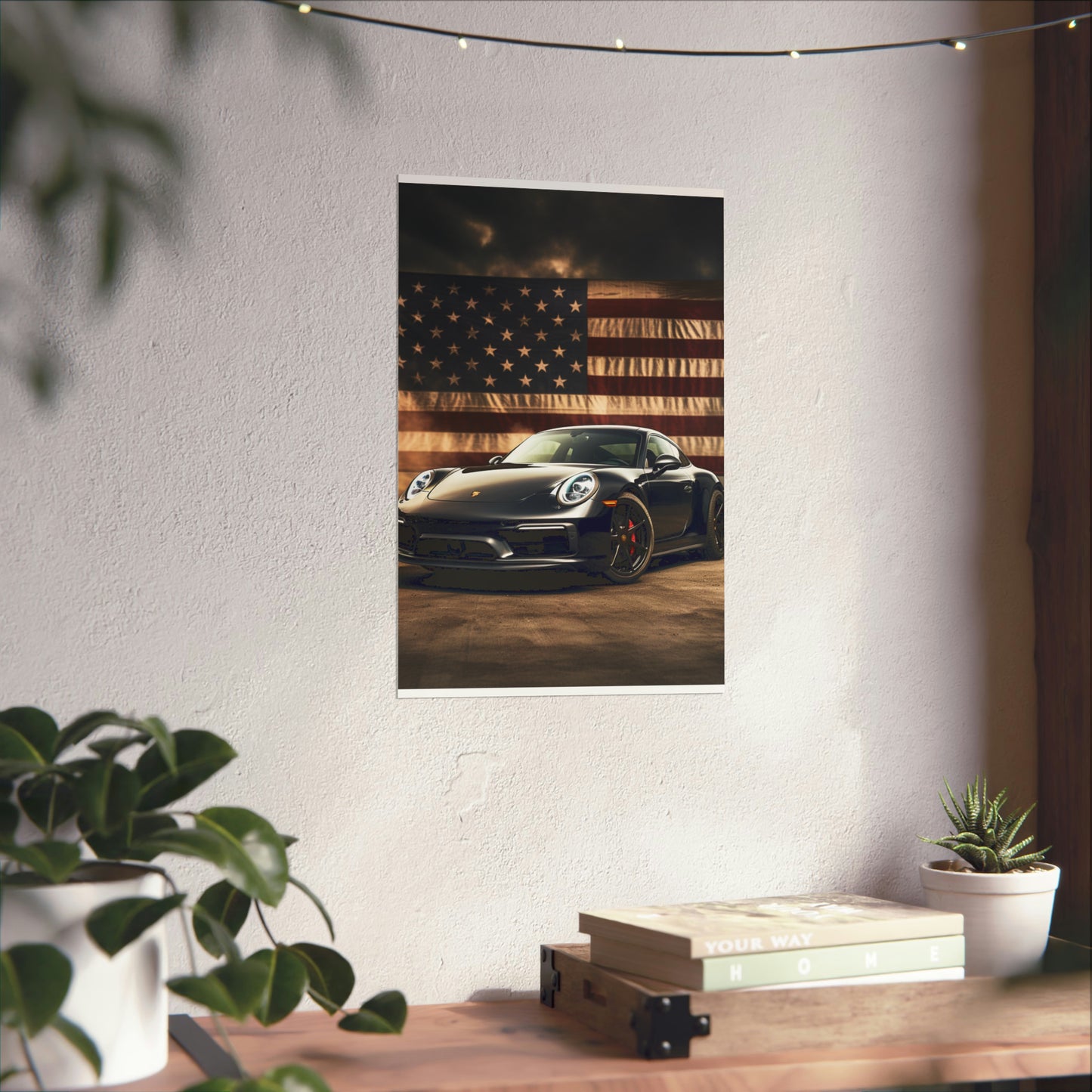 Premium Matte Vertical Posters American Flag Background Porsche 4