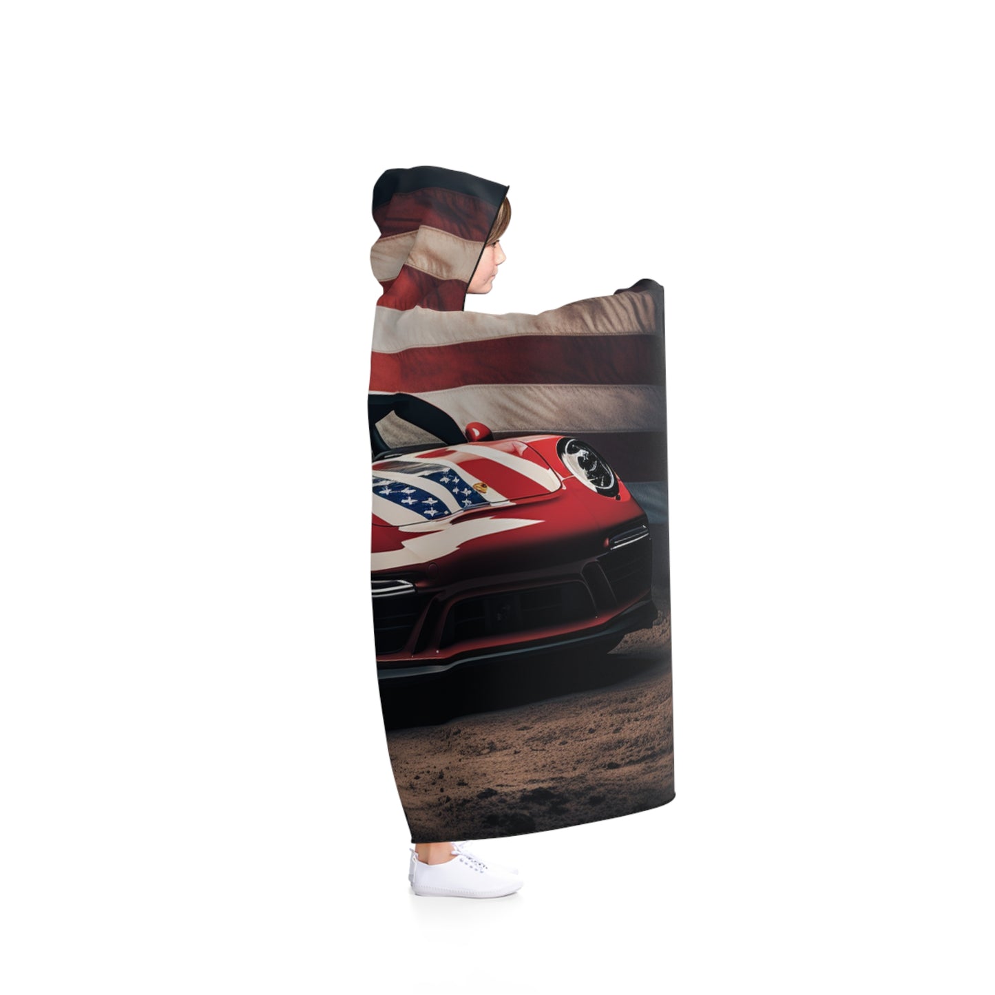 Hooded Blanket American Flag Background Porsche 3