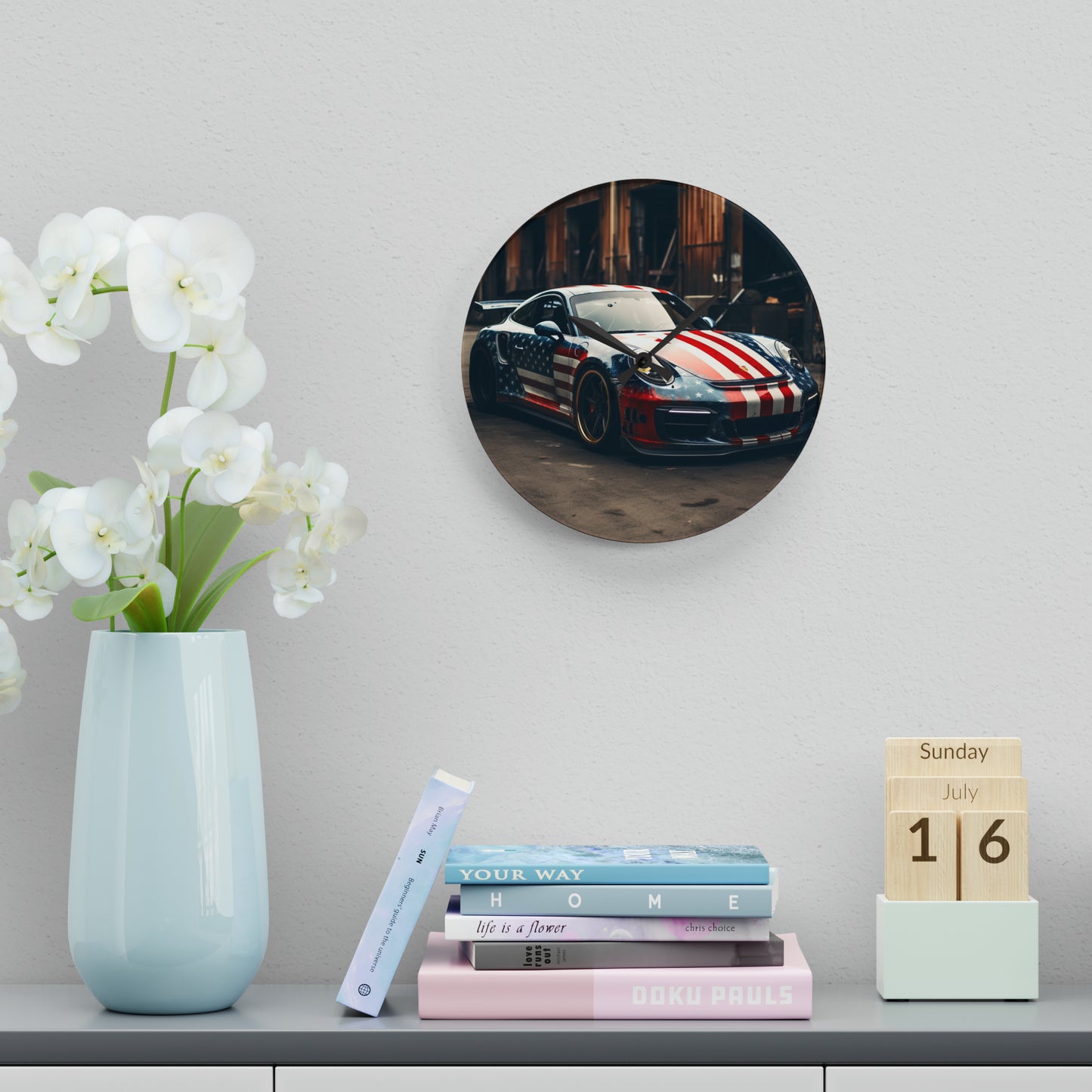 Acrylic Wall Clock American Flag Porsche 3