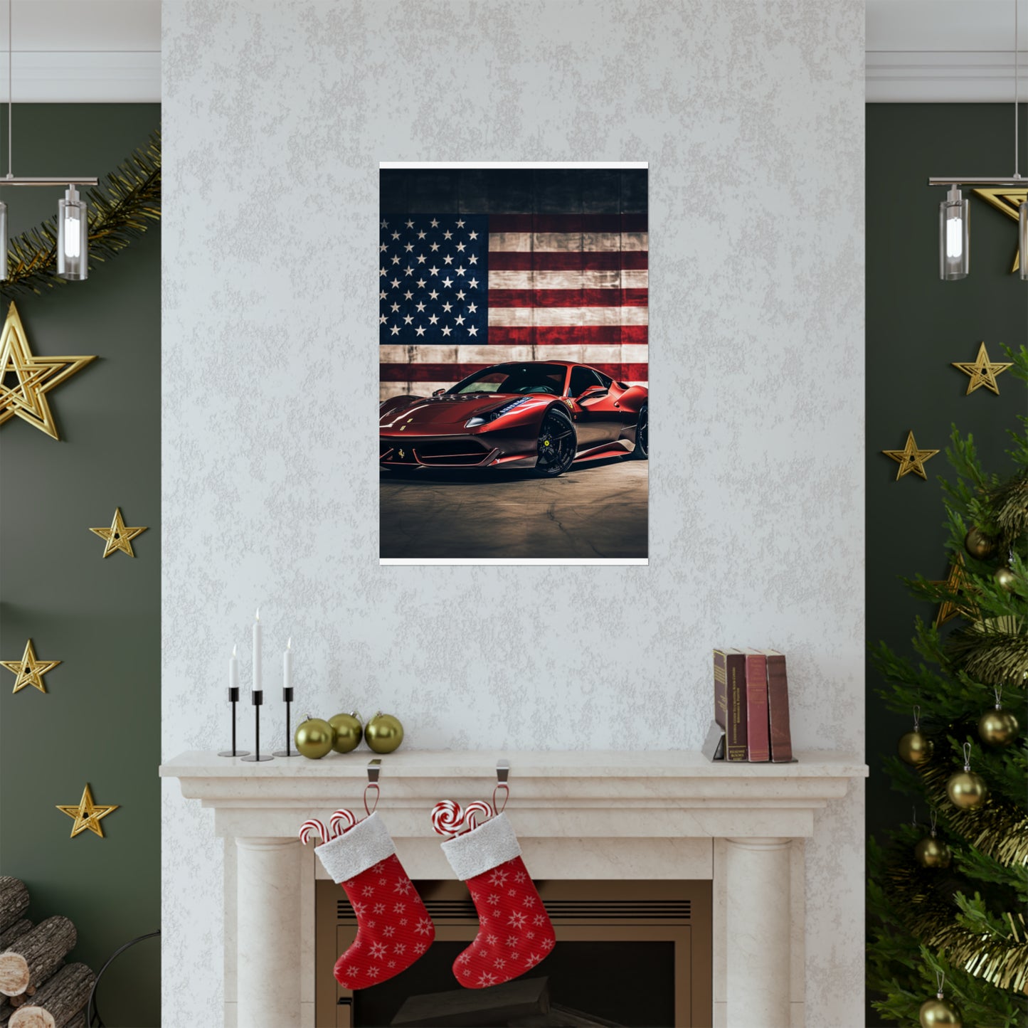 Premium Matte Vertical Posters American Flag Background Ferrari 4