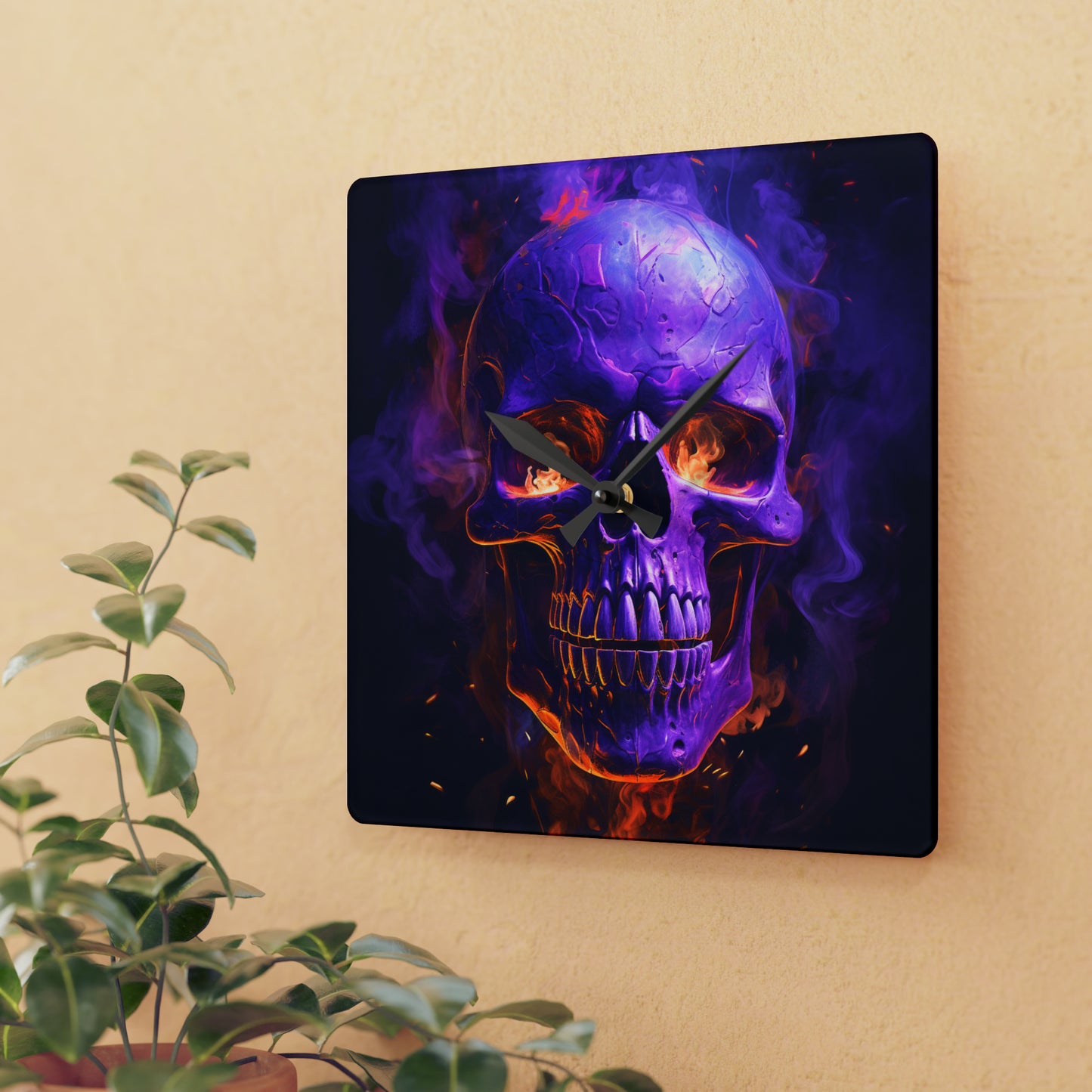 Acrylic Wall Clock Skull Flames 1