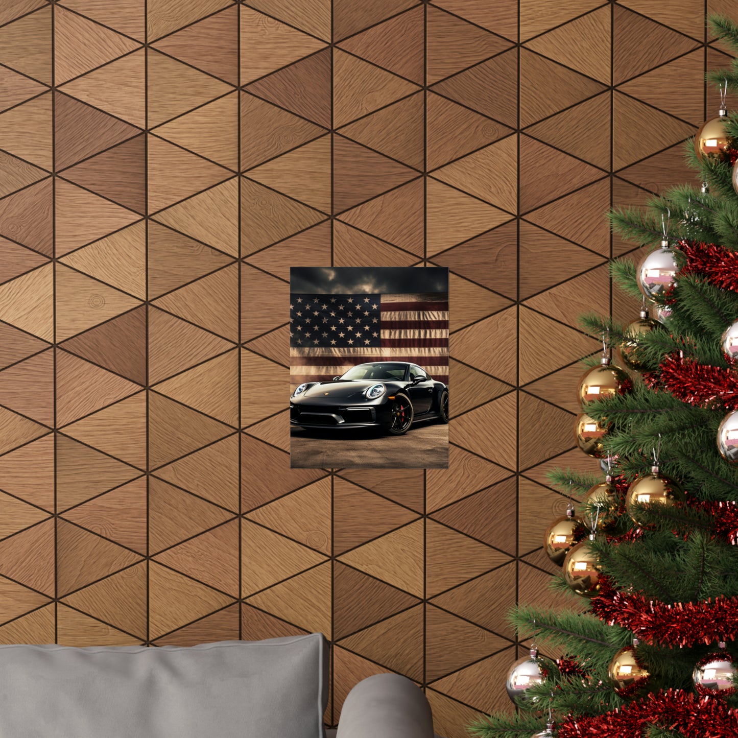 Premium Matte Vertical Posters American Flag Background Porsche 4