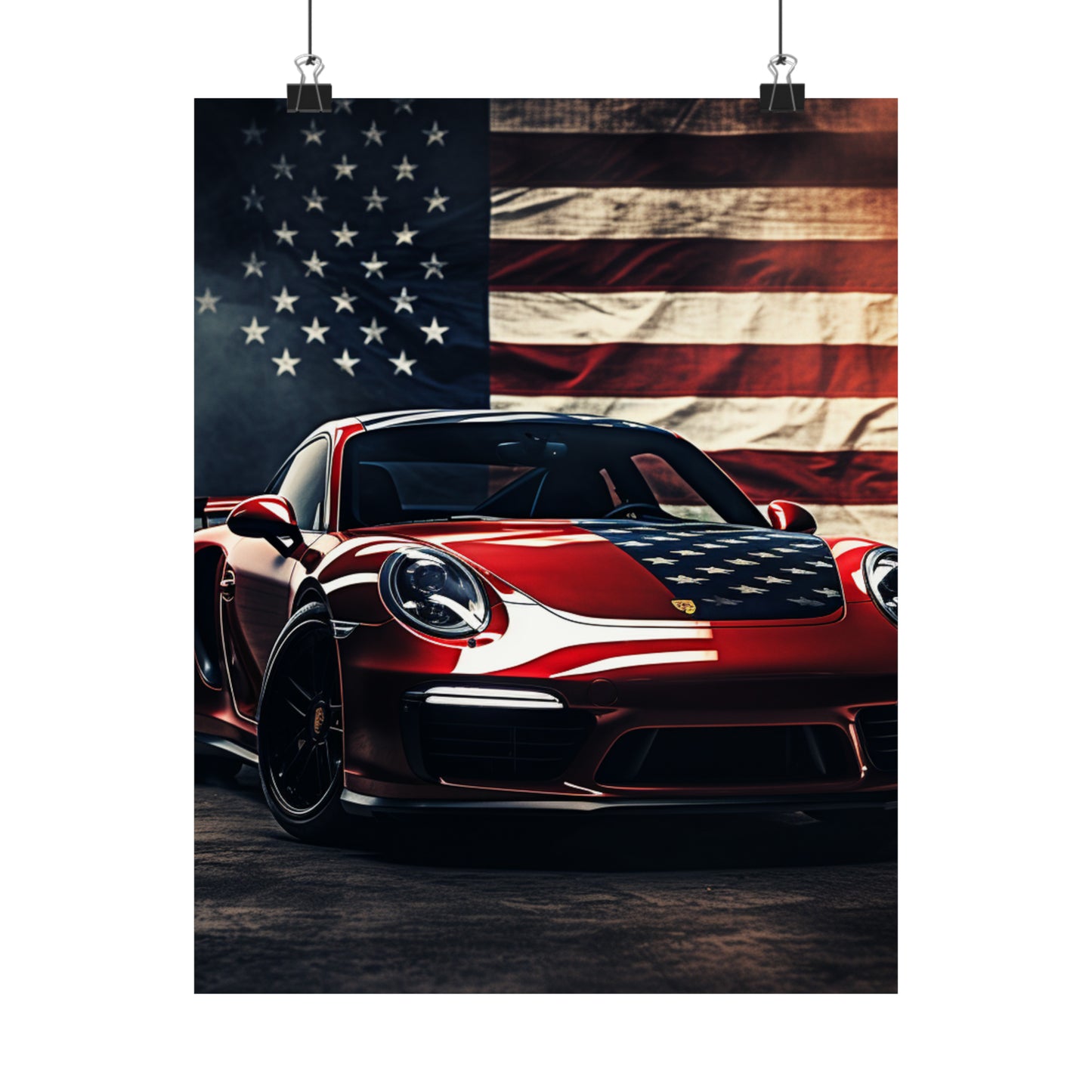 Premium Matte Vertical Posters American Flag Background Porsche 2