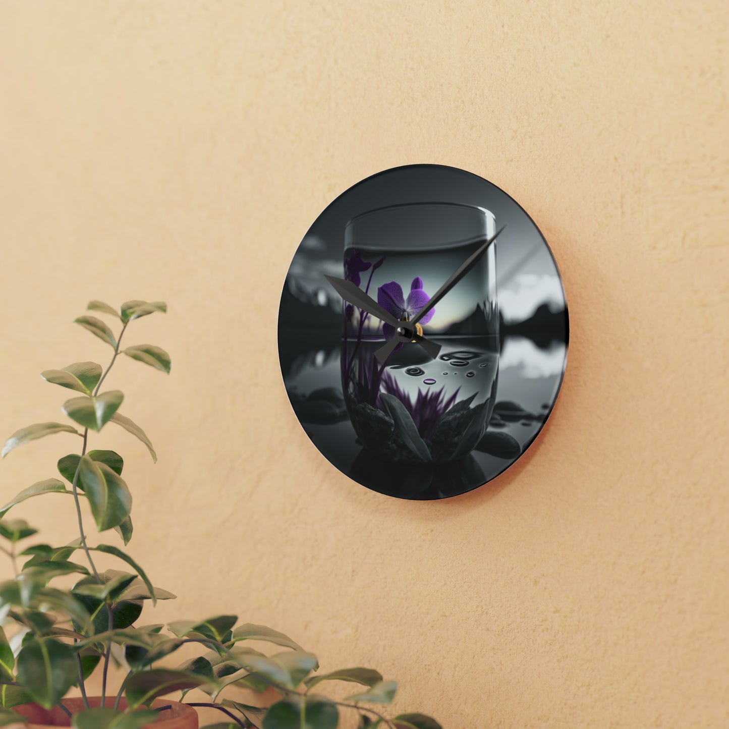 Acrylic Wall Clock Purple Orchid Glass vase 2