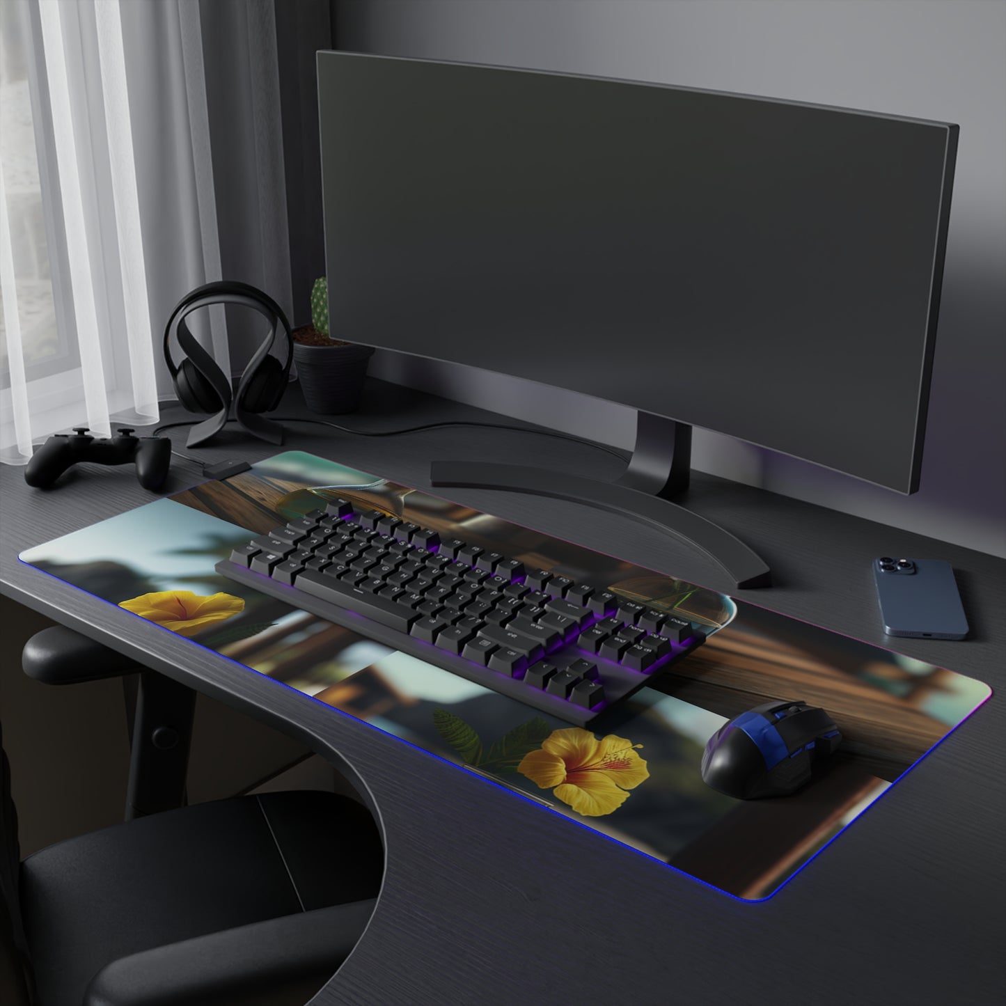 LED Gaming Mouse Pad Yellow Hibiscus Wood 5