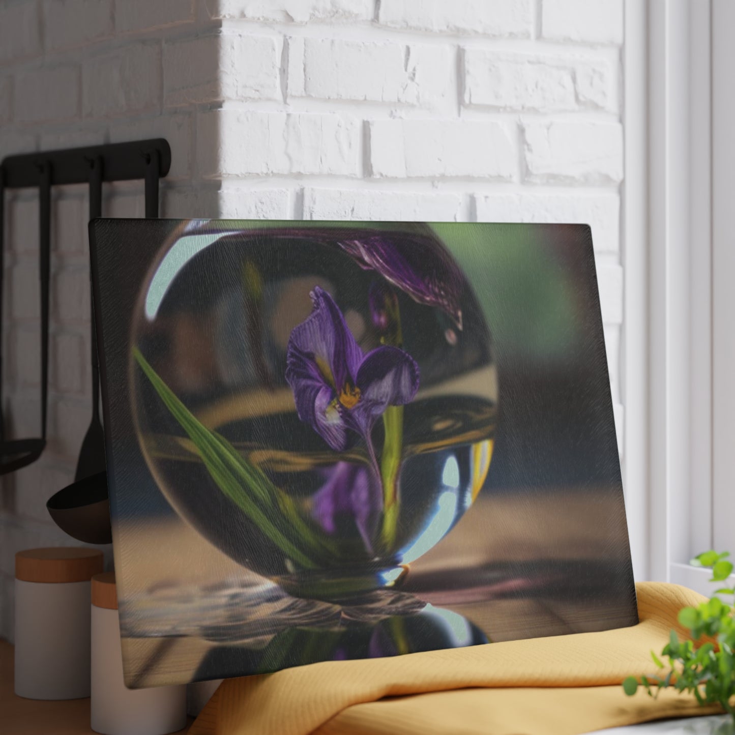 Glass Cutting Board Purple Iris in a vase 1