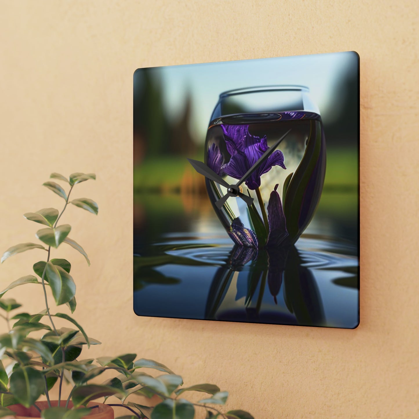 Acrylic Wall Clock Purple Iris in a vase 3