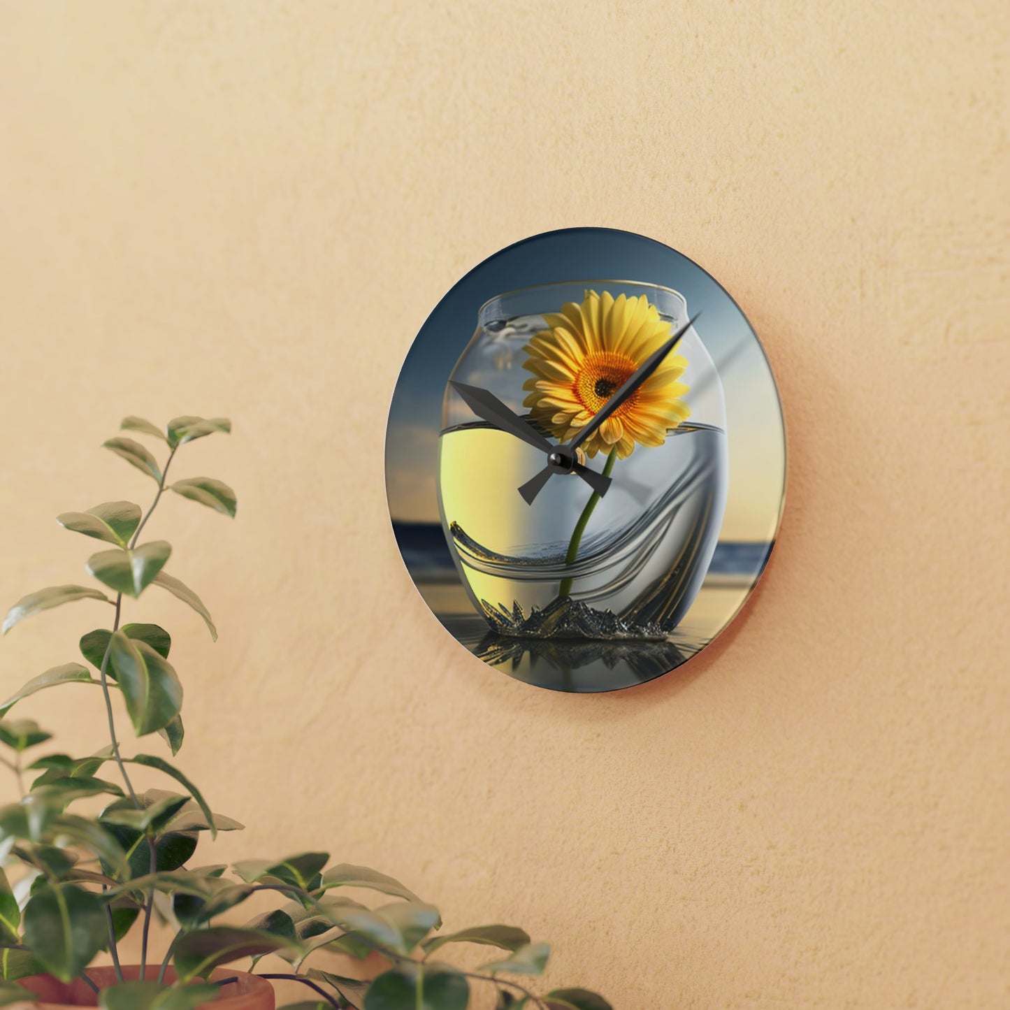 Acrylic Wall Clock yello Gerbera glass 1