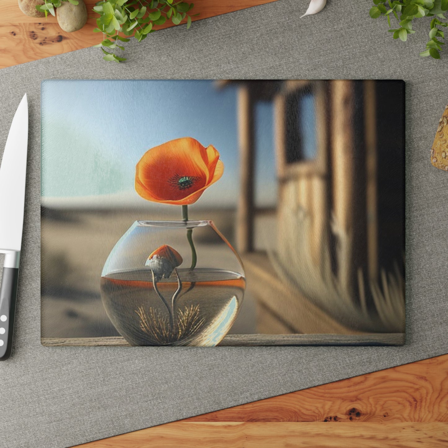 Glass Cutting Board Orange Poppy in a Vase 1