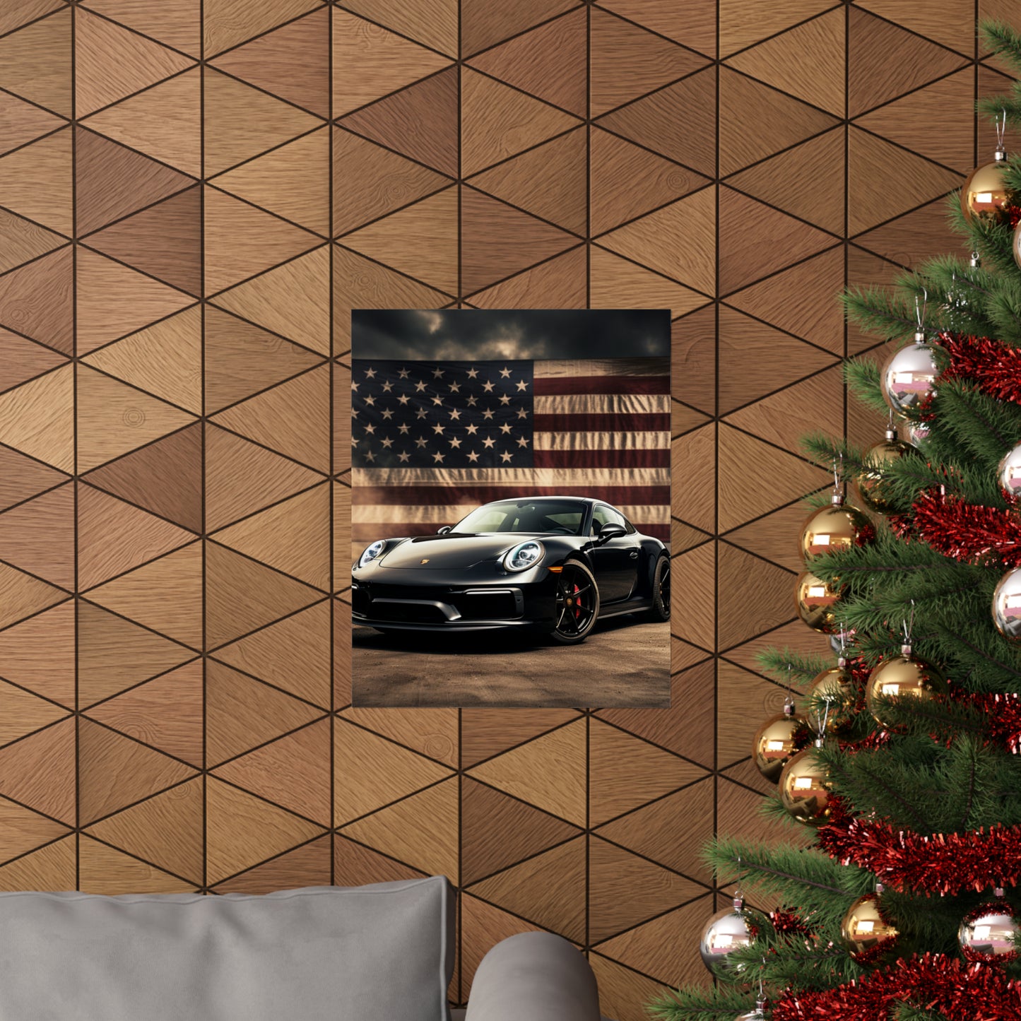 Premium Matte Vertical Posters American Flag Background Porsche 4