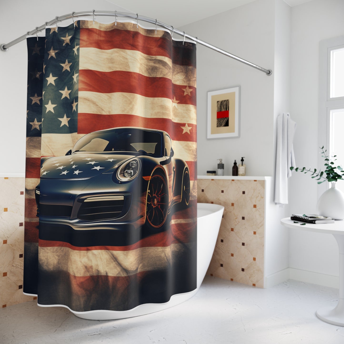 Polyester Shower Curtain Abstract American Flag Background Porsche 3