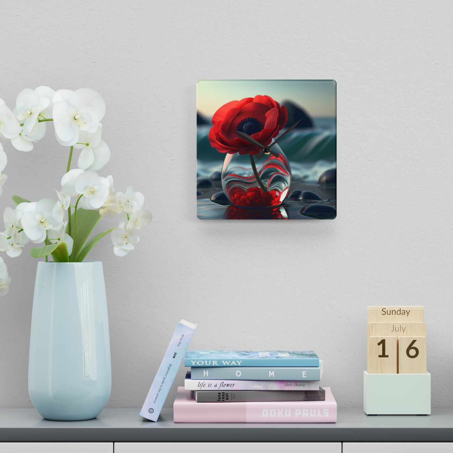 Acrylic Wall Clock Red Anemone in a Vase 1