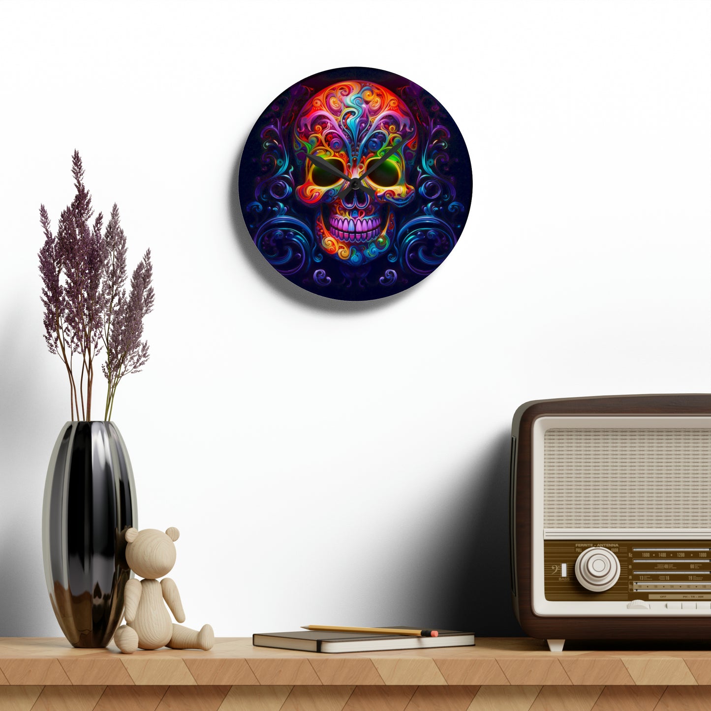 Acrylic Wall Clock Macro Skull Color 2