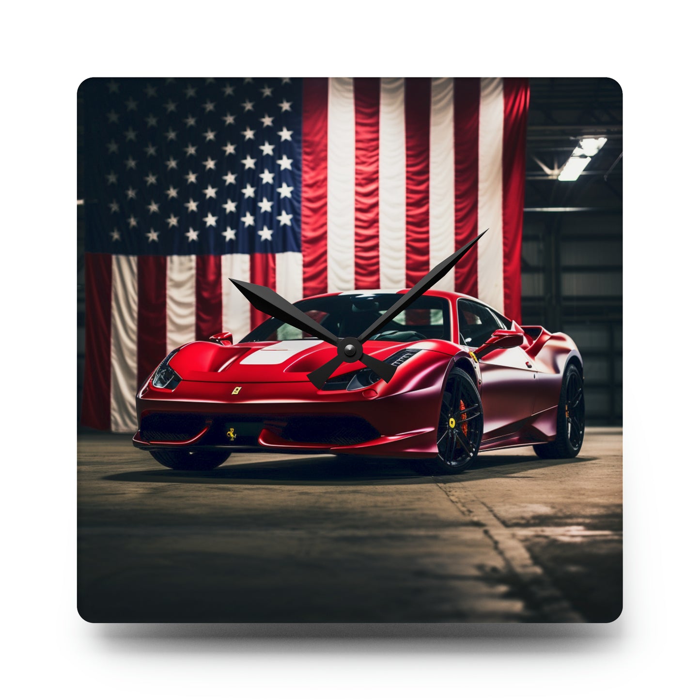 Acrylic Wall Clock American Flag Background Ferrari 3