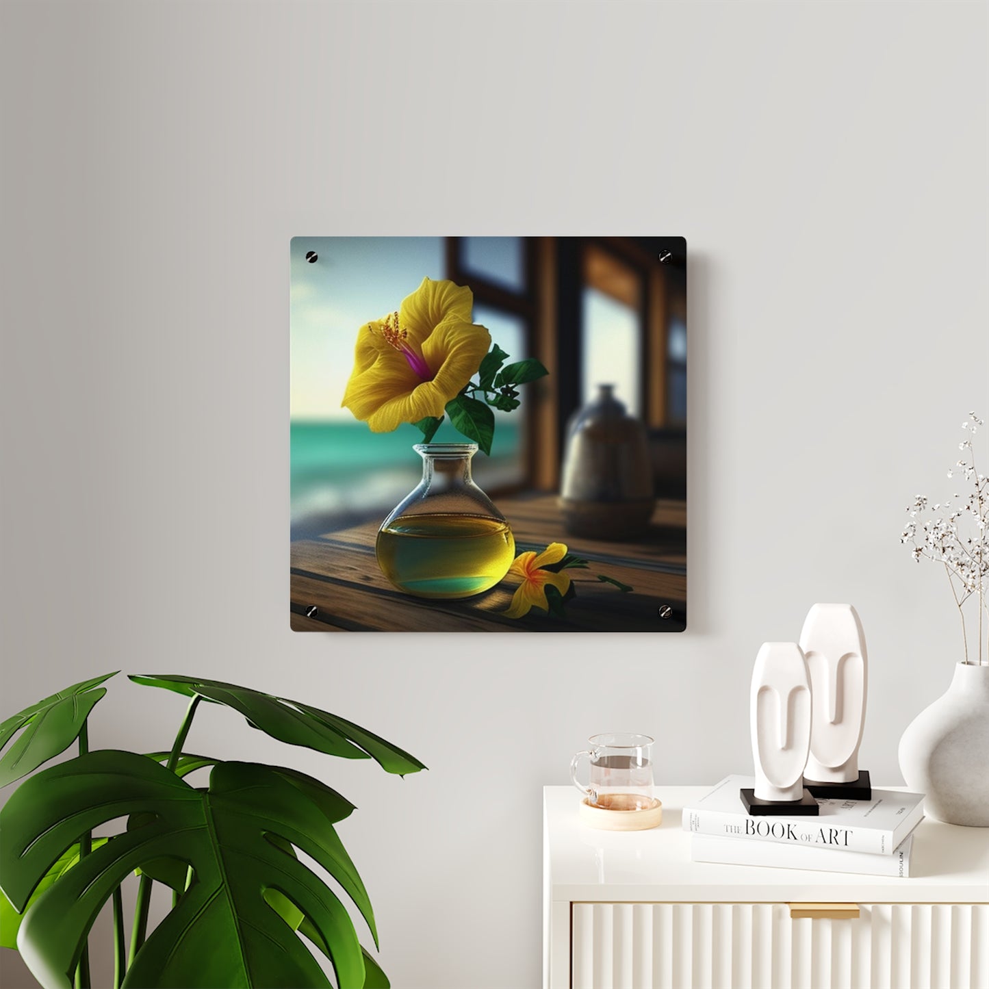 Acrylic Wall Art Panels Yellow Hibiscus Wood 1