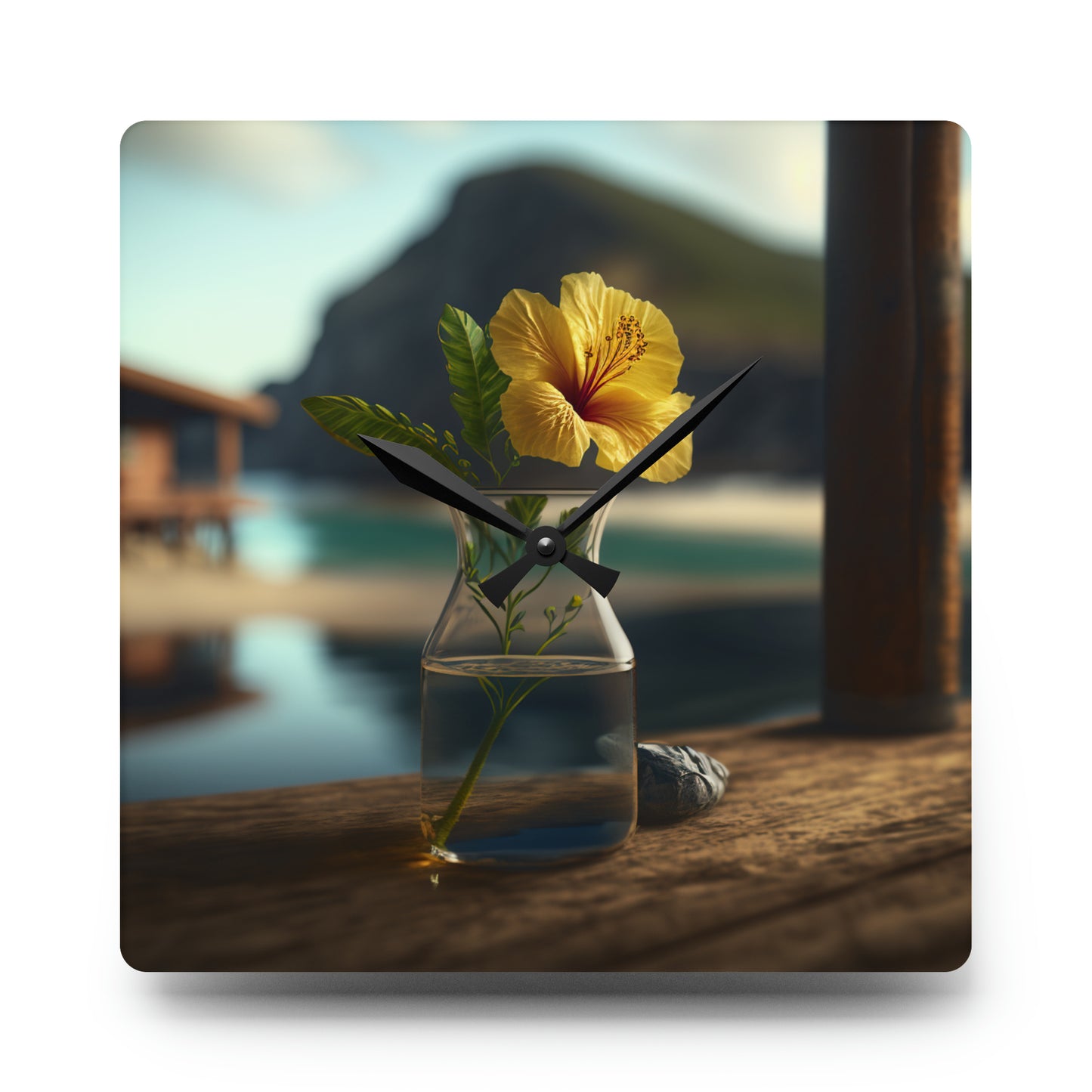 Acrylic Wall Clock Yellow Hibiscus Wood 4