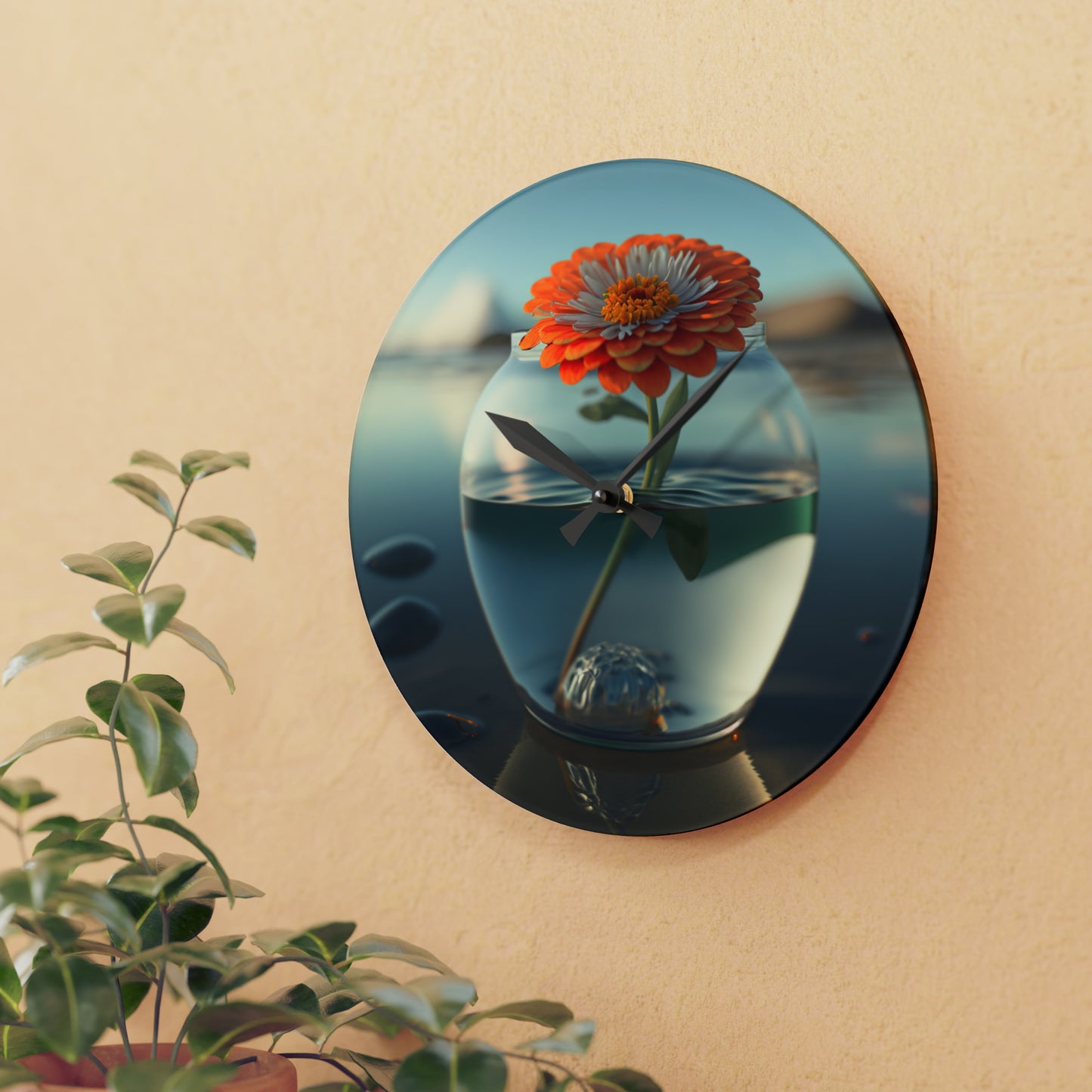 Acrylic Wall Clock Orange Zinnia 3