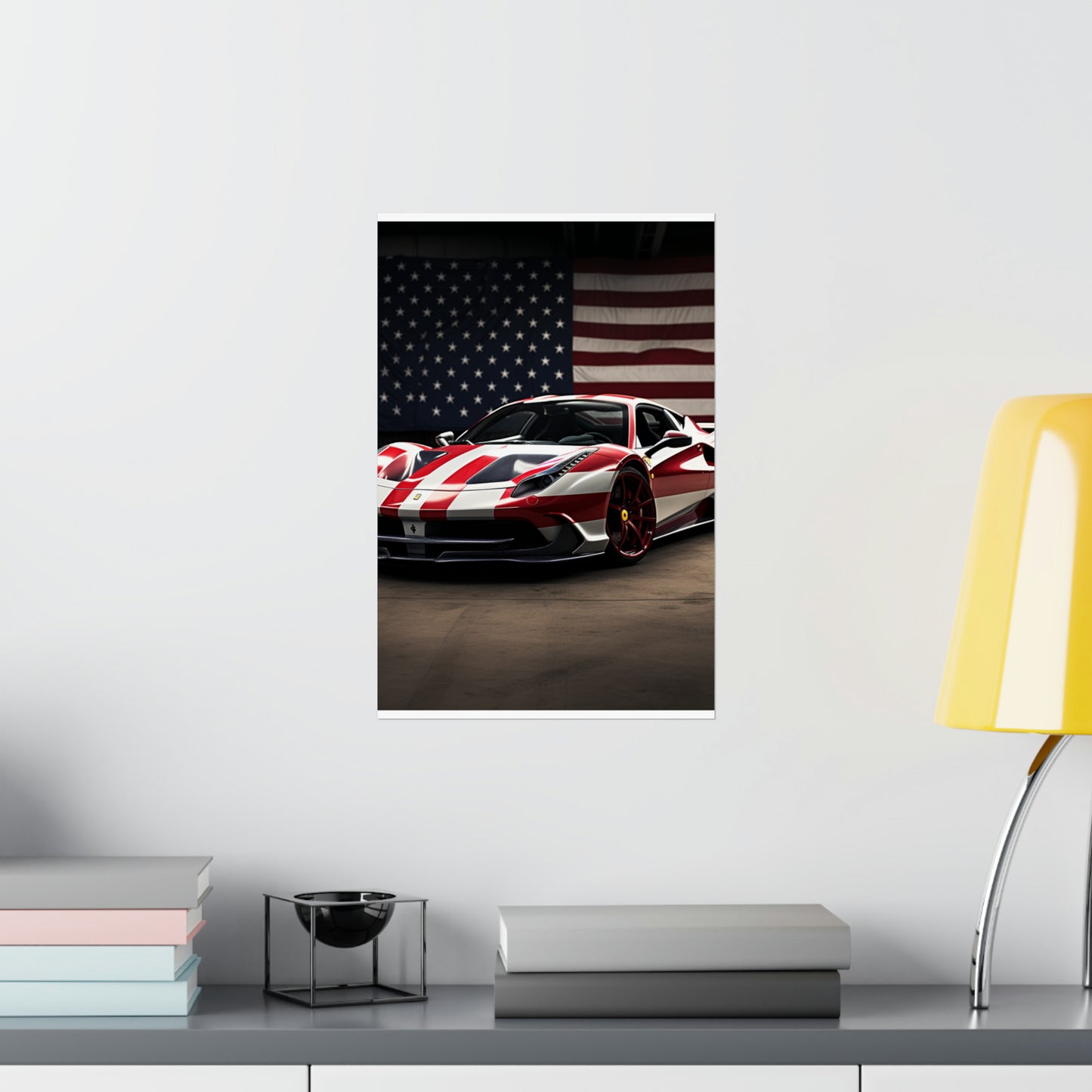 Premium Matte Vertical Posters American Flag Background Ferrari 2