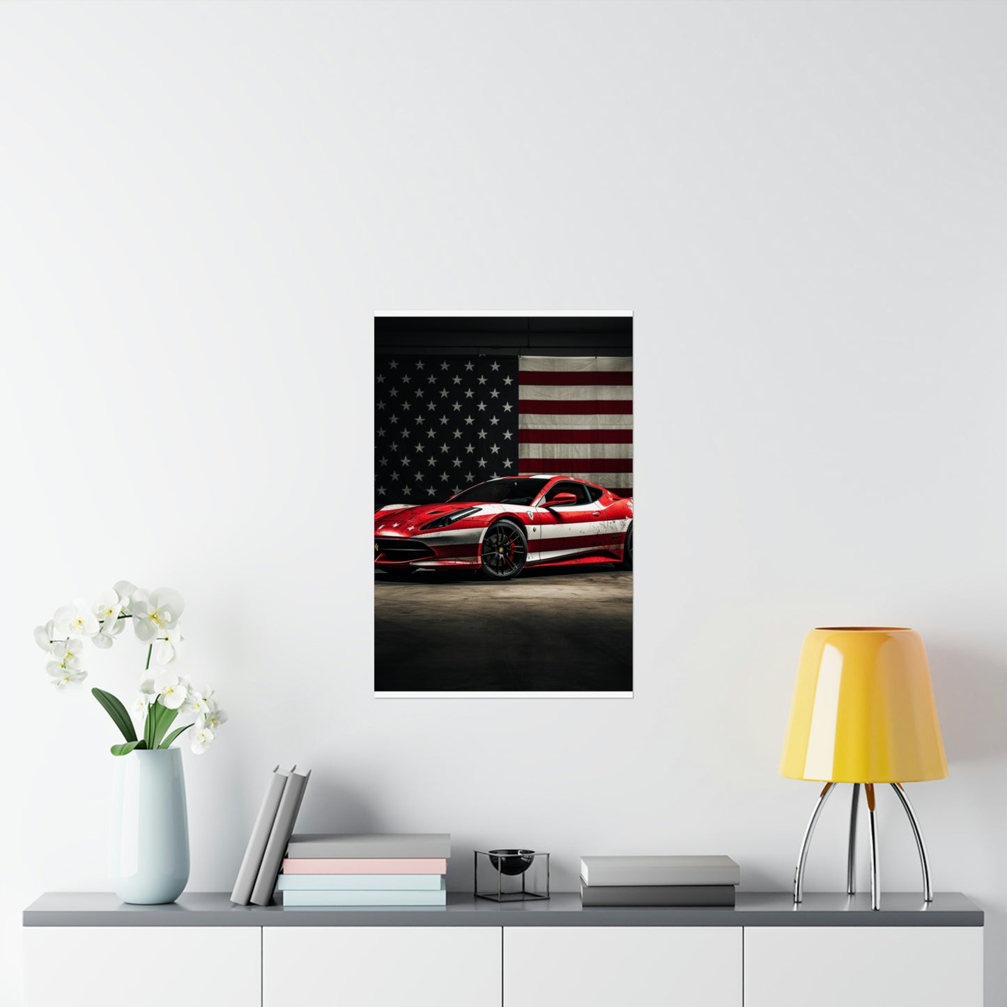 Premium Matte Vertical Posters American Flag Background Ferrari 1