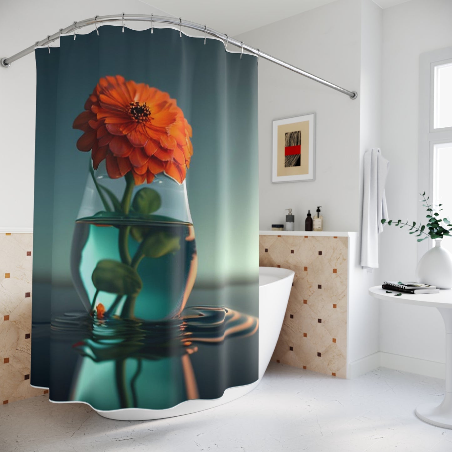 Polyester Shower Curtain Orange Zinnia 1
