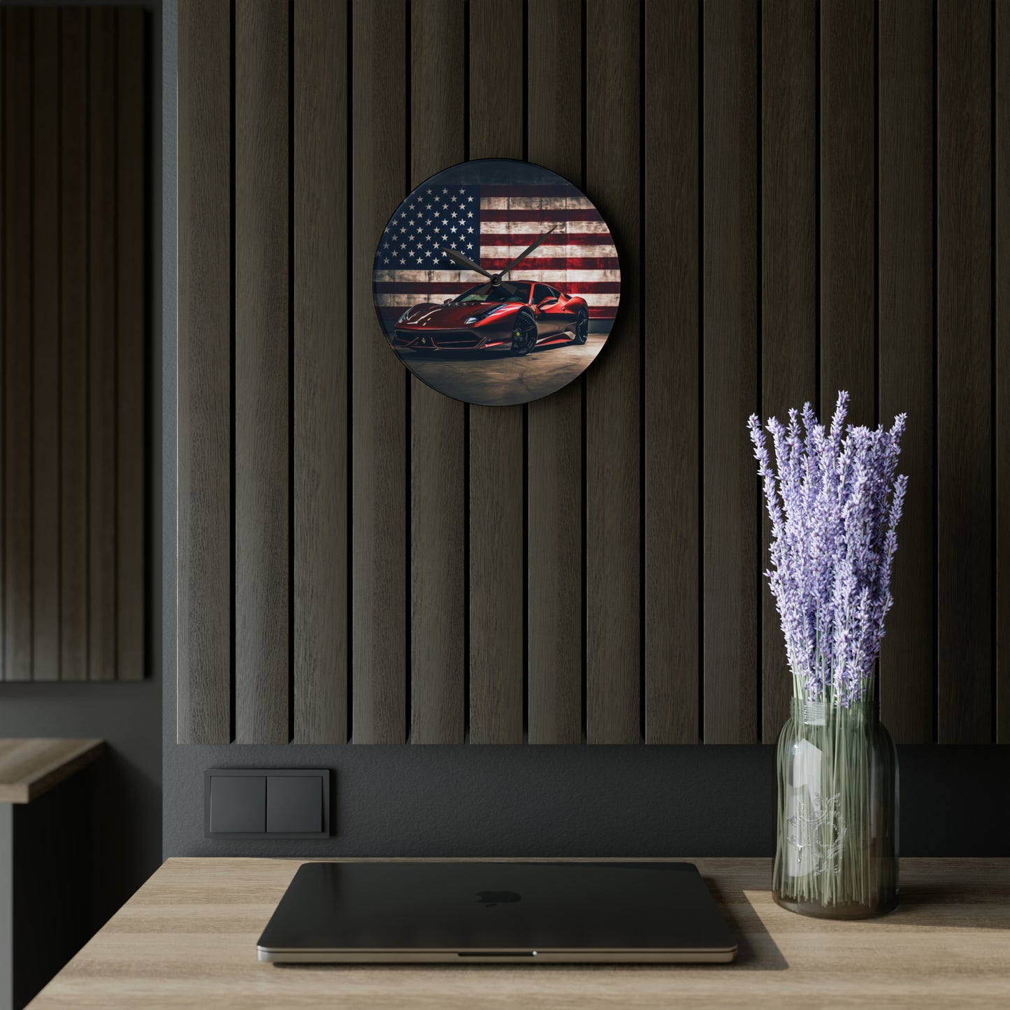 Acrylic Wall Clock American Flag Background Ferrari 4