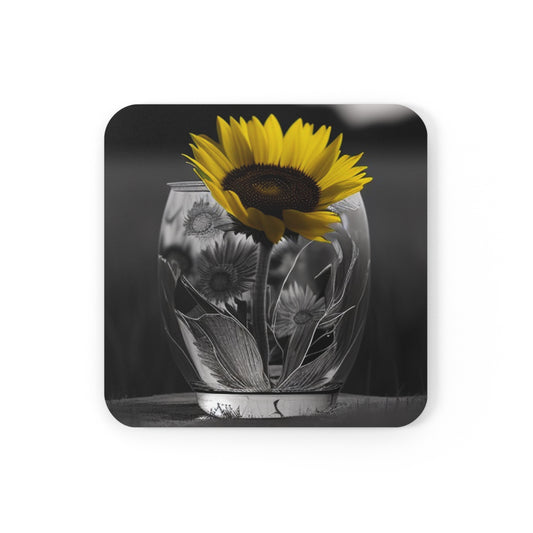 Corkwood Coaster Set Yellw Sunflower in a vase 1