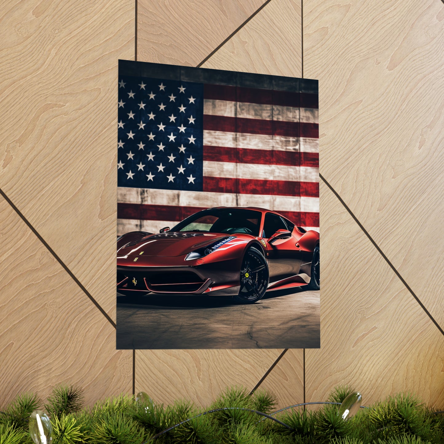 Premium Matte Vertical Posters American Flag Background Ferrari 4