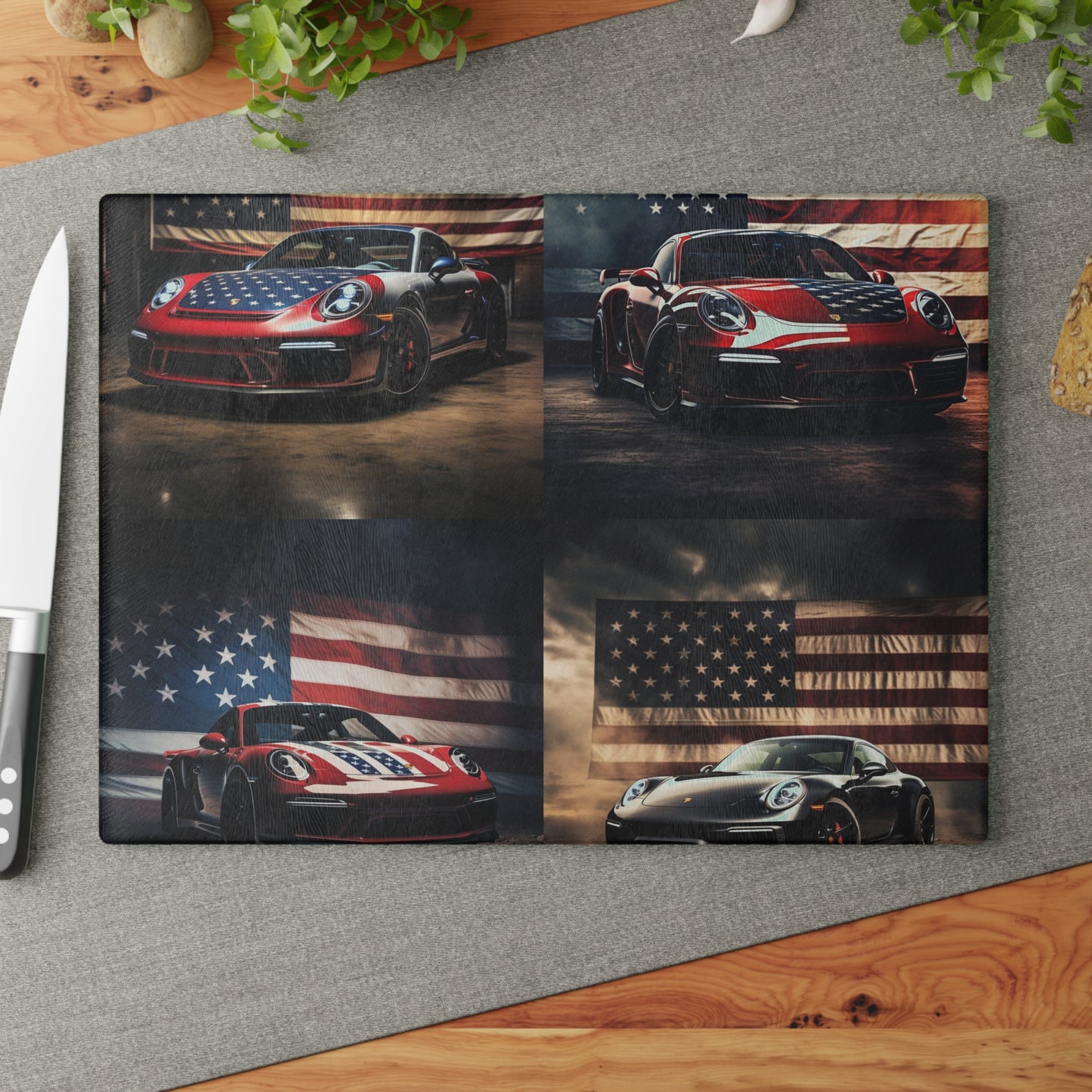 Glass Cutting Board American Flag Background Porsche 5