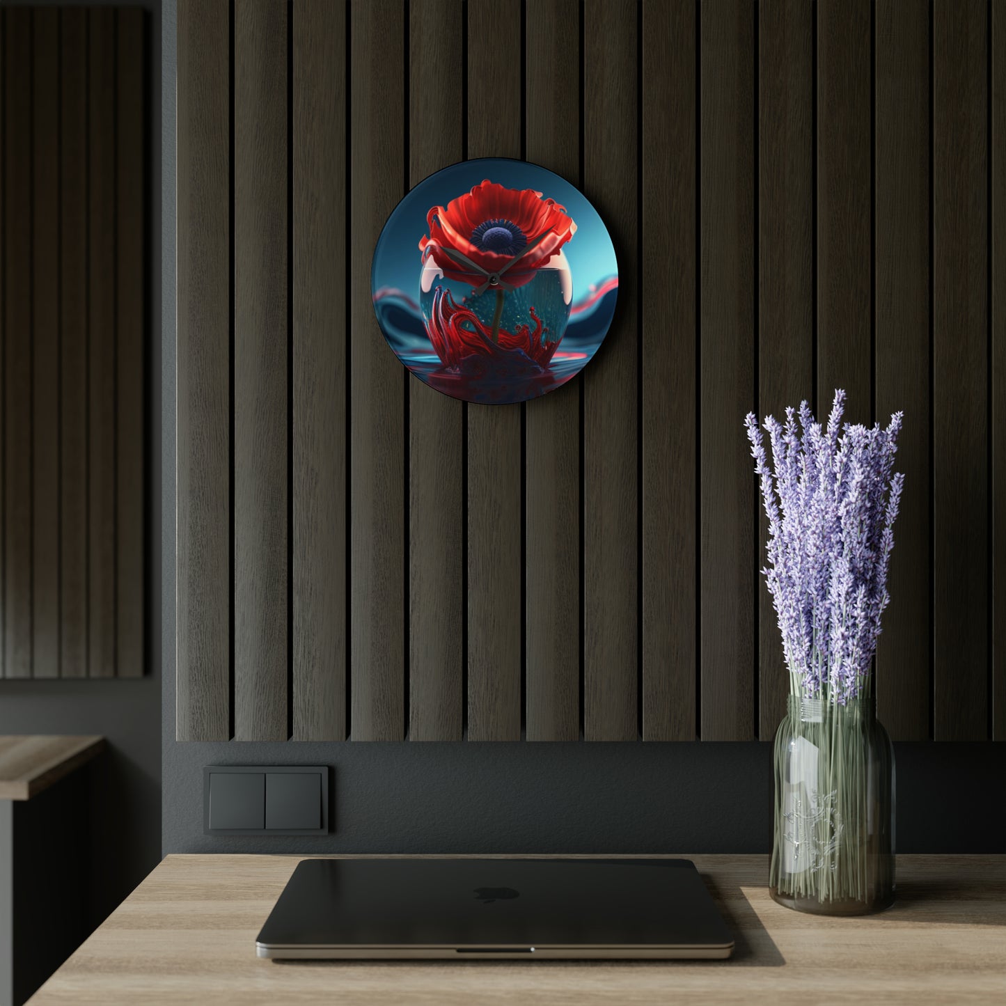 Acrylic Wall Clock Red Anemone in a Vase 2