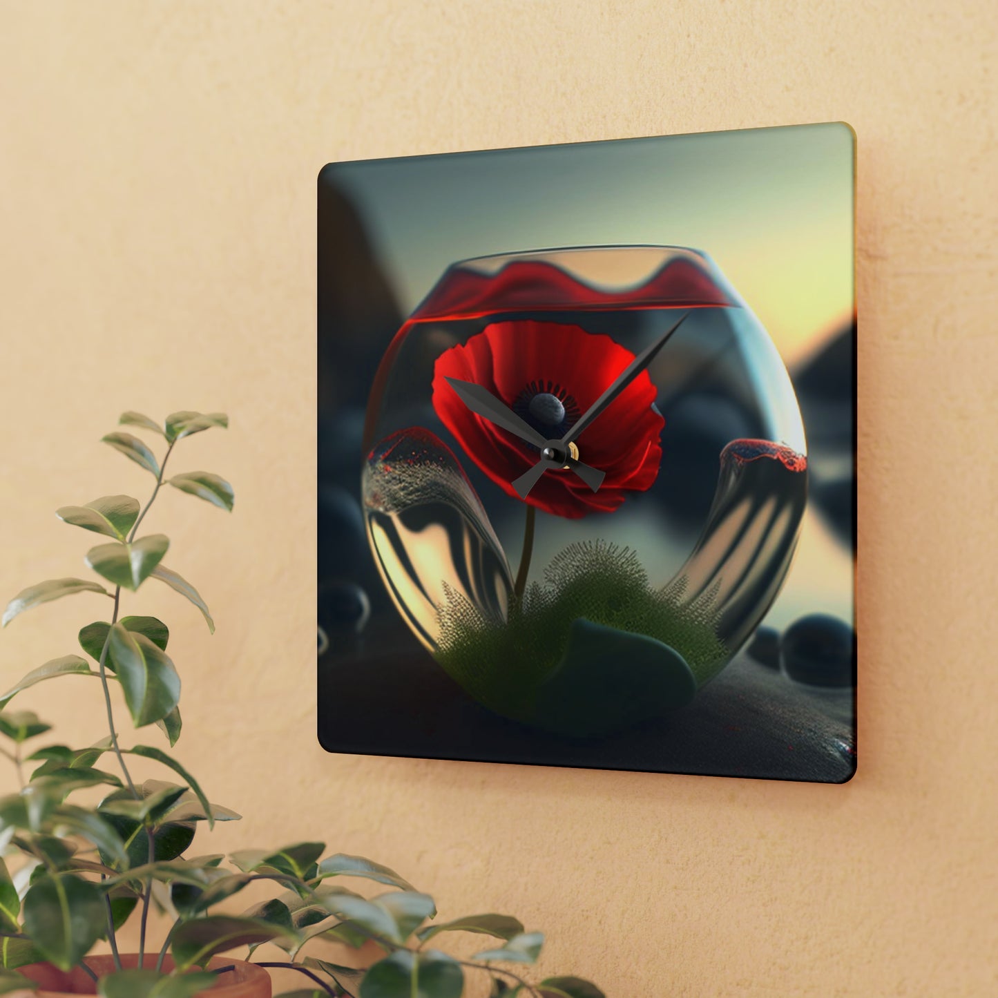 Acrylic Wall Clock Red Anemone in a Vase 3