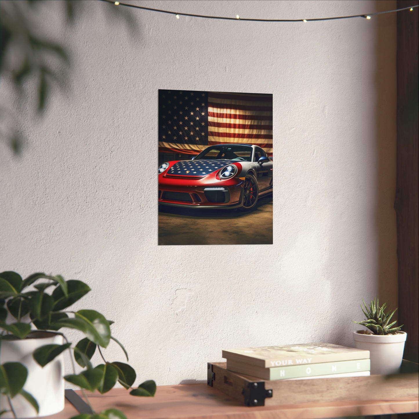 Premium Matte Vertical Posters American Flag Background Porsche 1