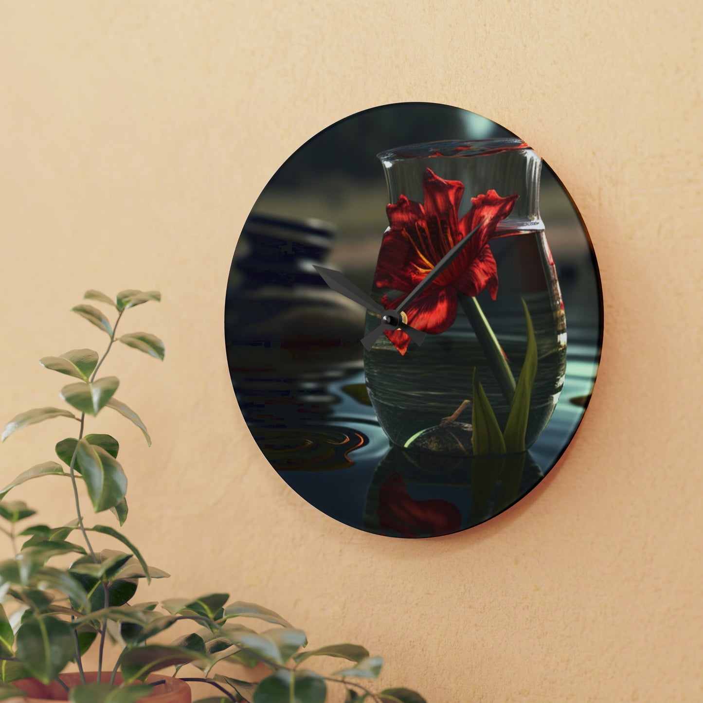 Acrylic Wall Clock Red Lily in a Glass vase 4