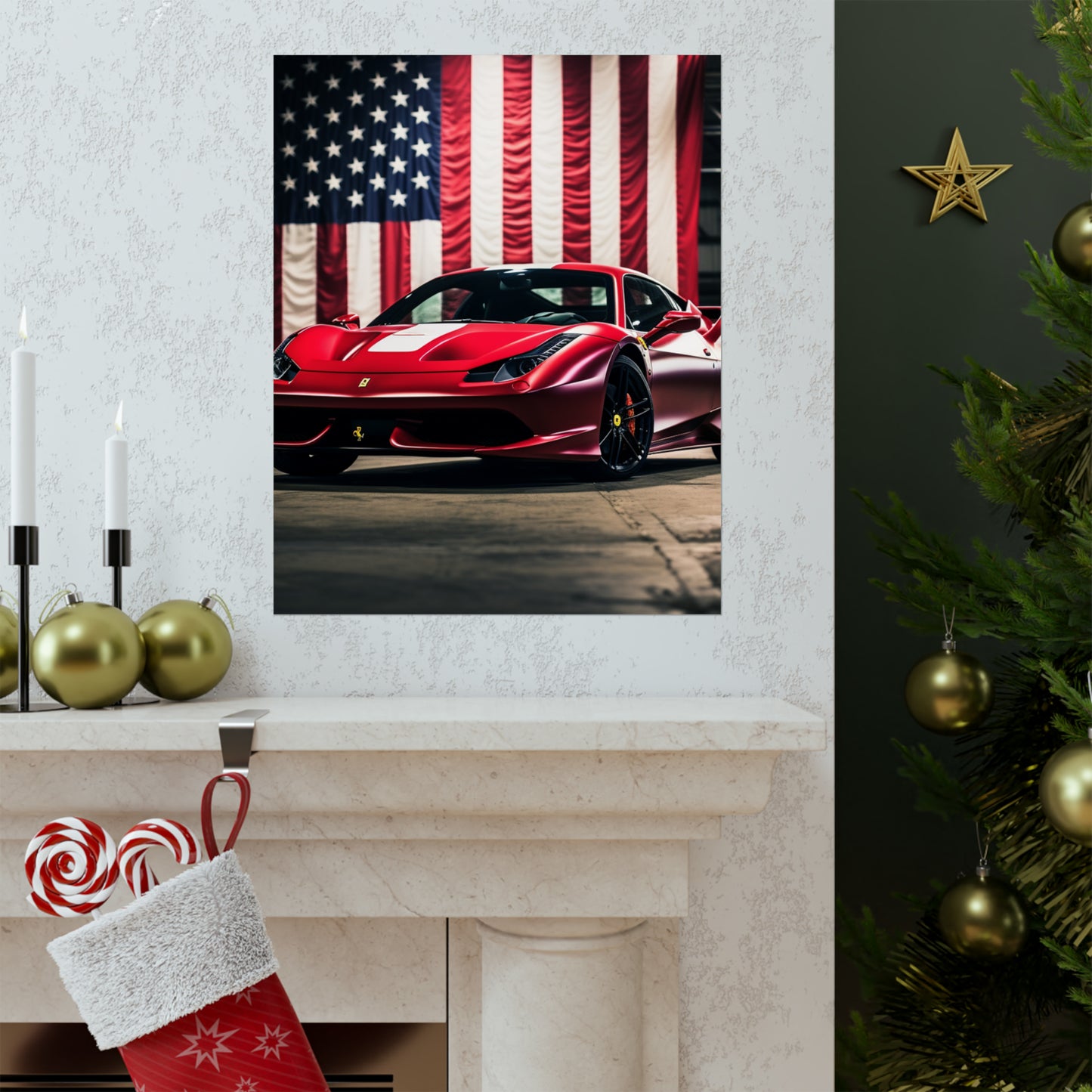 Premium Matte Vertical Posters American Flag Background Ferrari 3