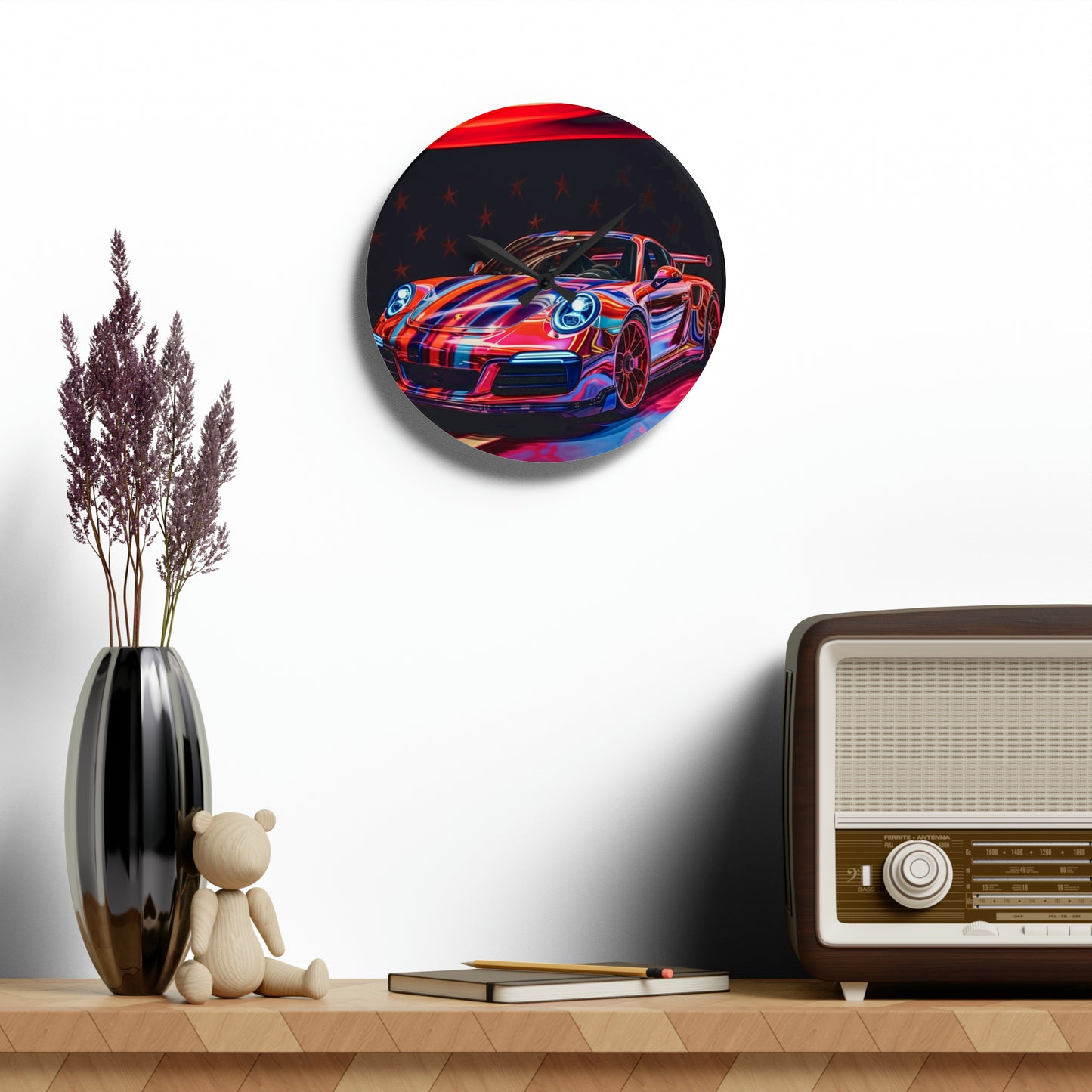 Acrylic Wall Clock American Flag Colored Porsche 2