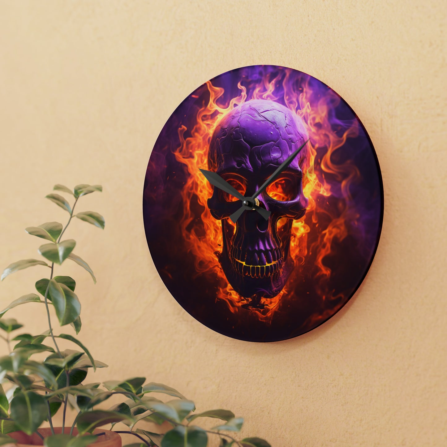 Acrylic Wall Clock Skull Flames 3