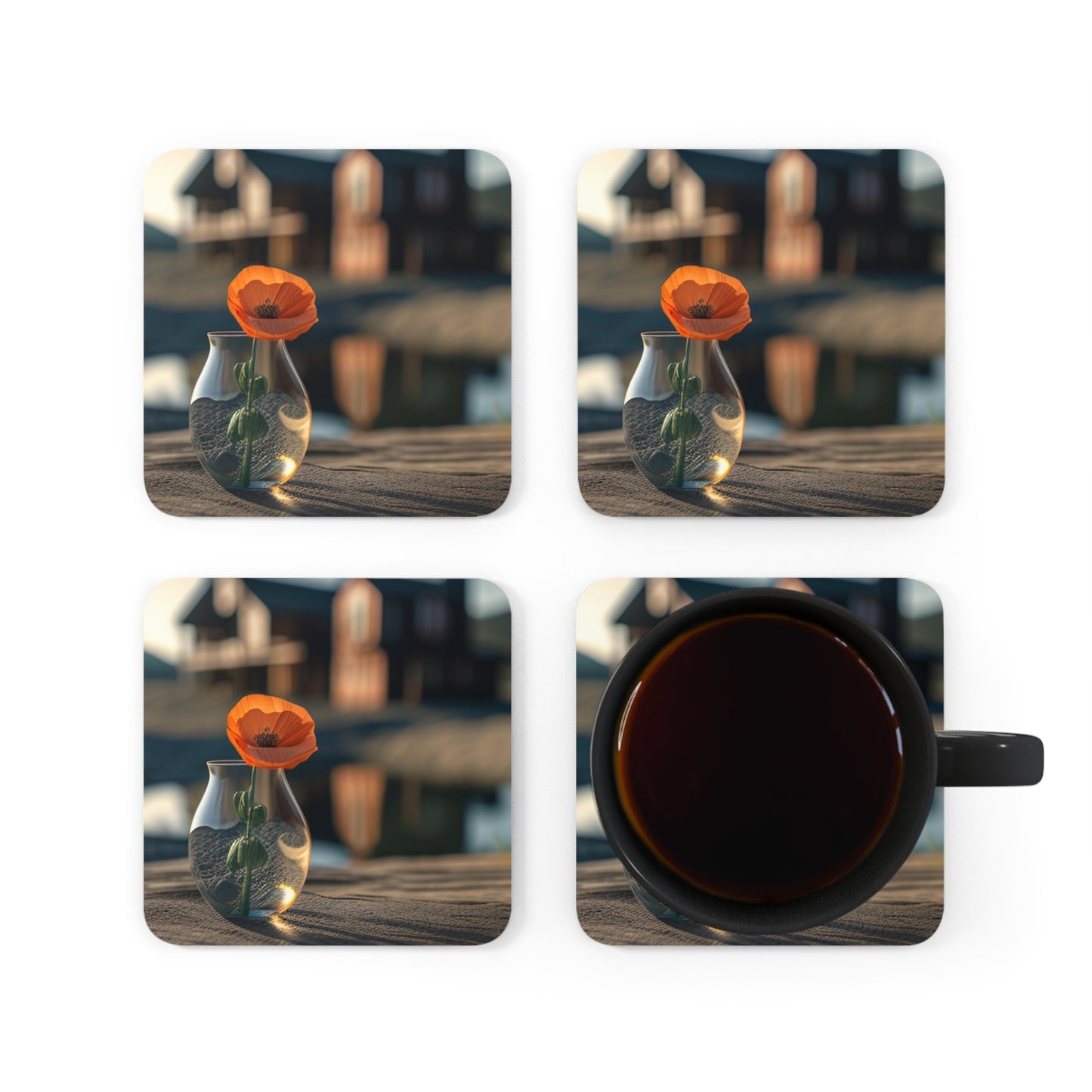 Corkwood Coaster Set Orange Poppy in a Vase 4