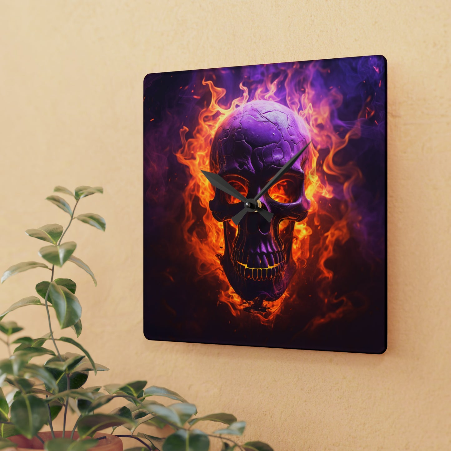 Acrylic Wall Clock Skull Flames 3